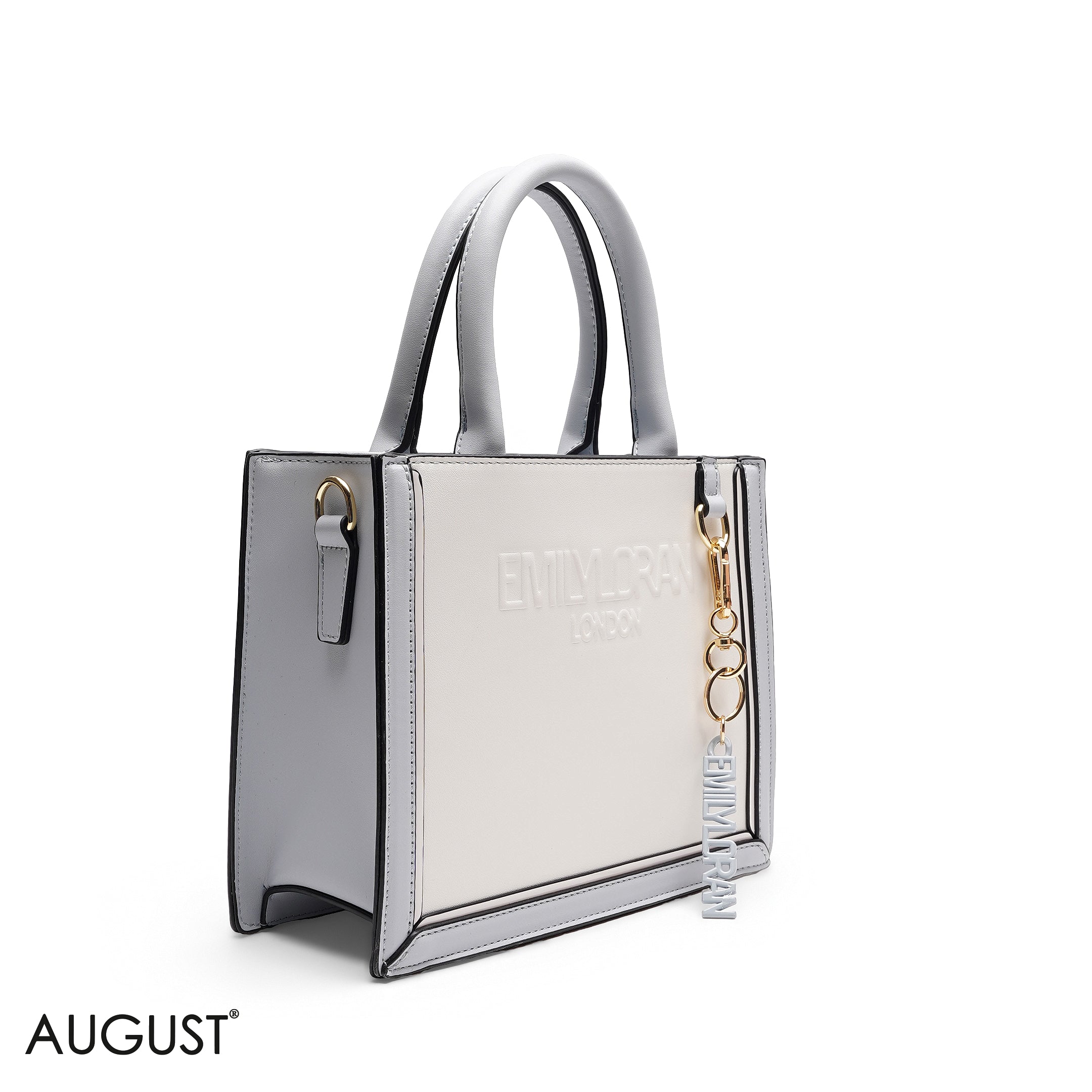 NAVY BLUEE EMBOSSED LOGO SQUARE TOP HANDLE BAG