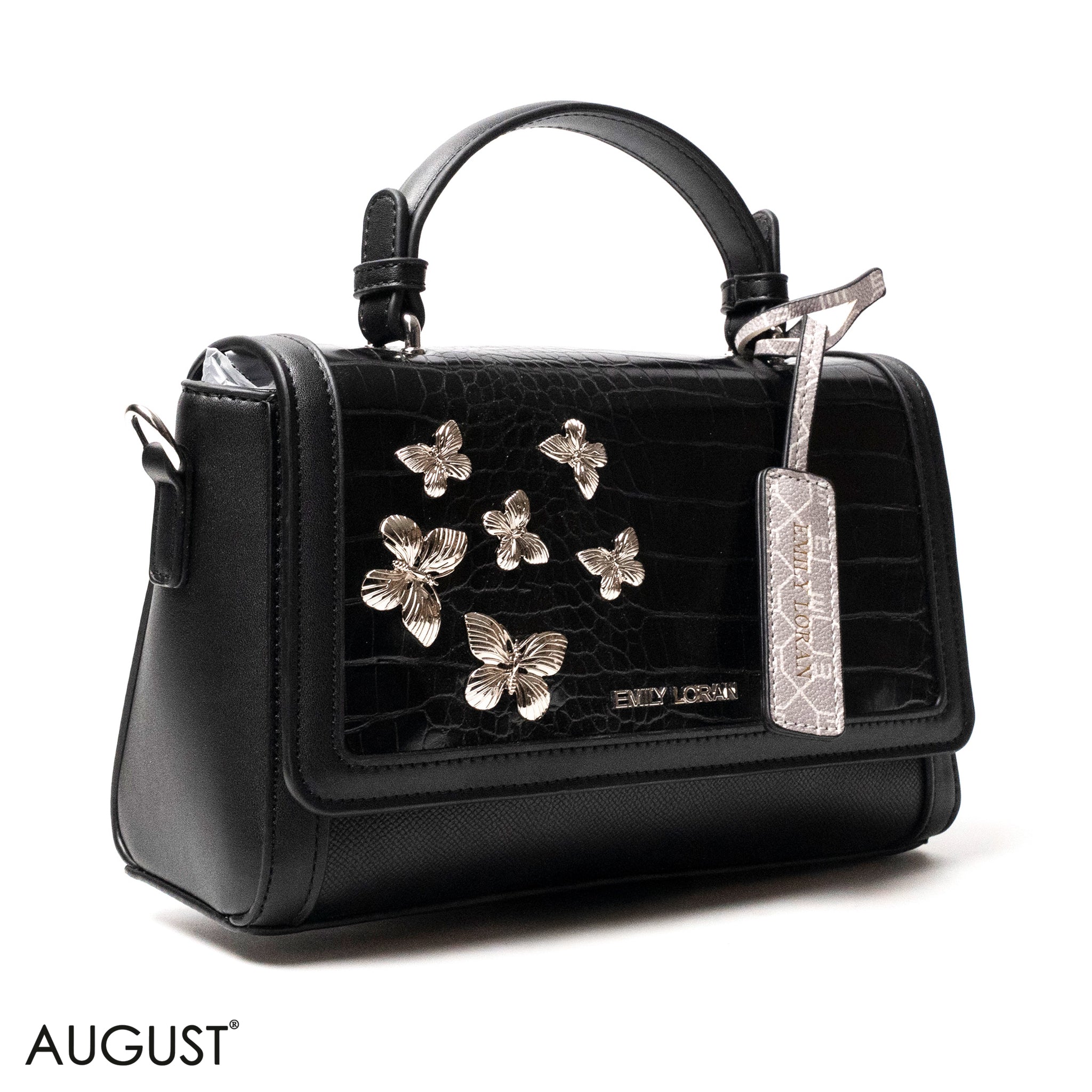 BLACK LEATHER HANDBAG WITH CROC,BUTTERFLIES  DETAILS-MED