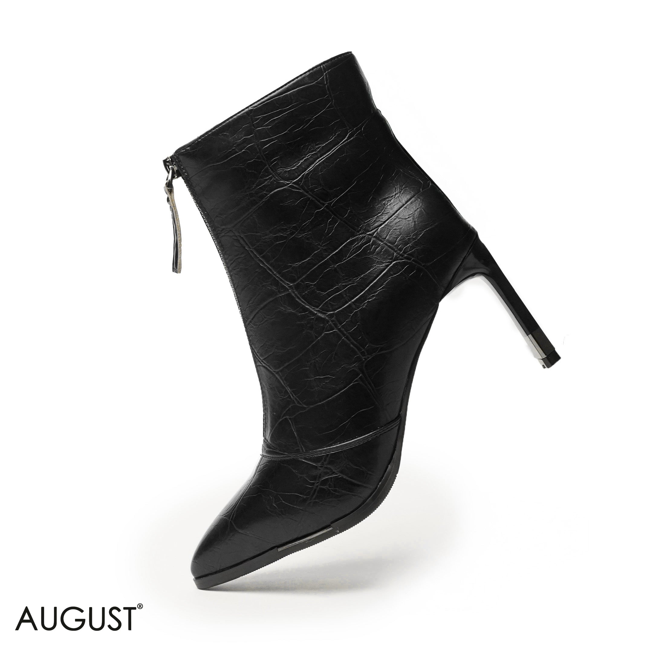 BLACK LEATHER HEELED ANKLE BOOTS WITH FRONT ZIPPER