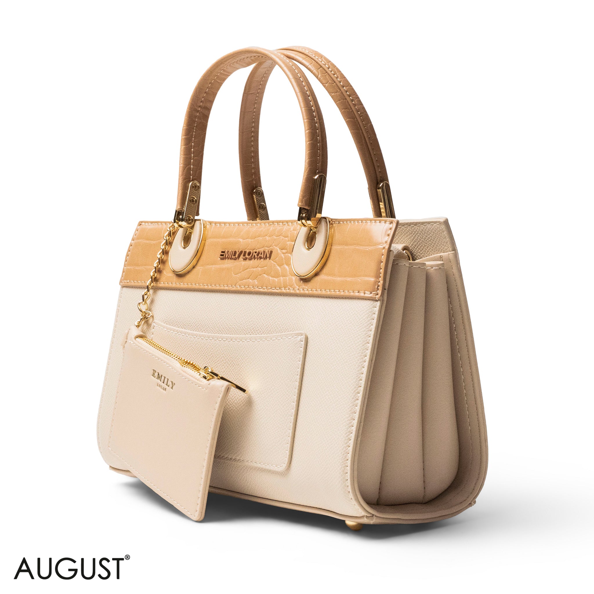 BEIGE LEATHER SMOOTH HANDBAG WITH CROC DETAILS-SMALL