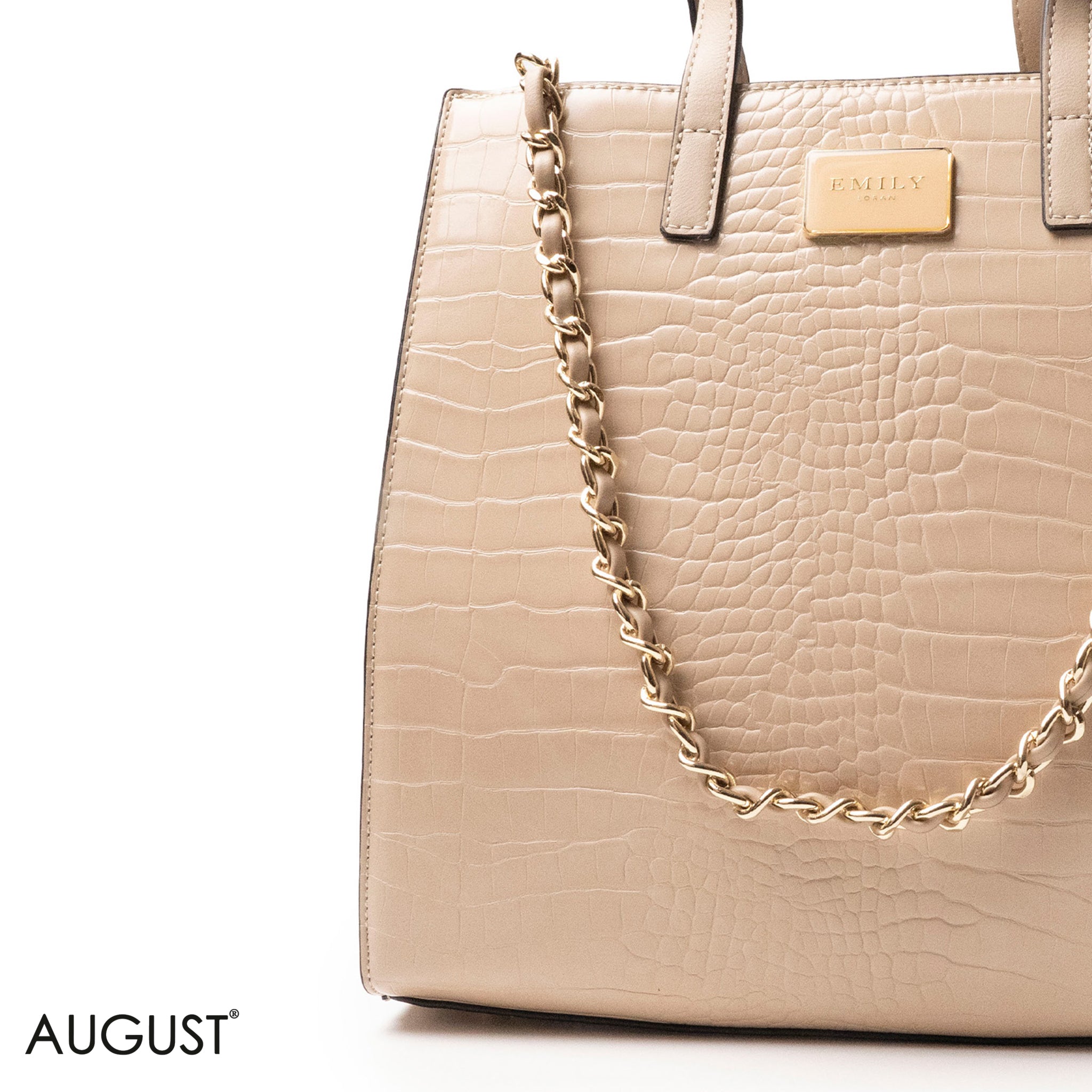BEIGE CROCODILE LEATHER HANDBAG WITH METAL CHAIN - LARGE
