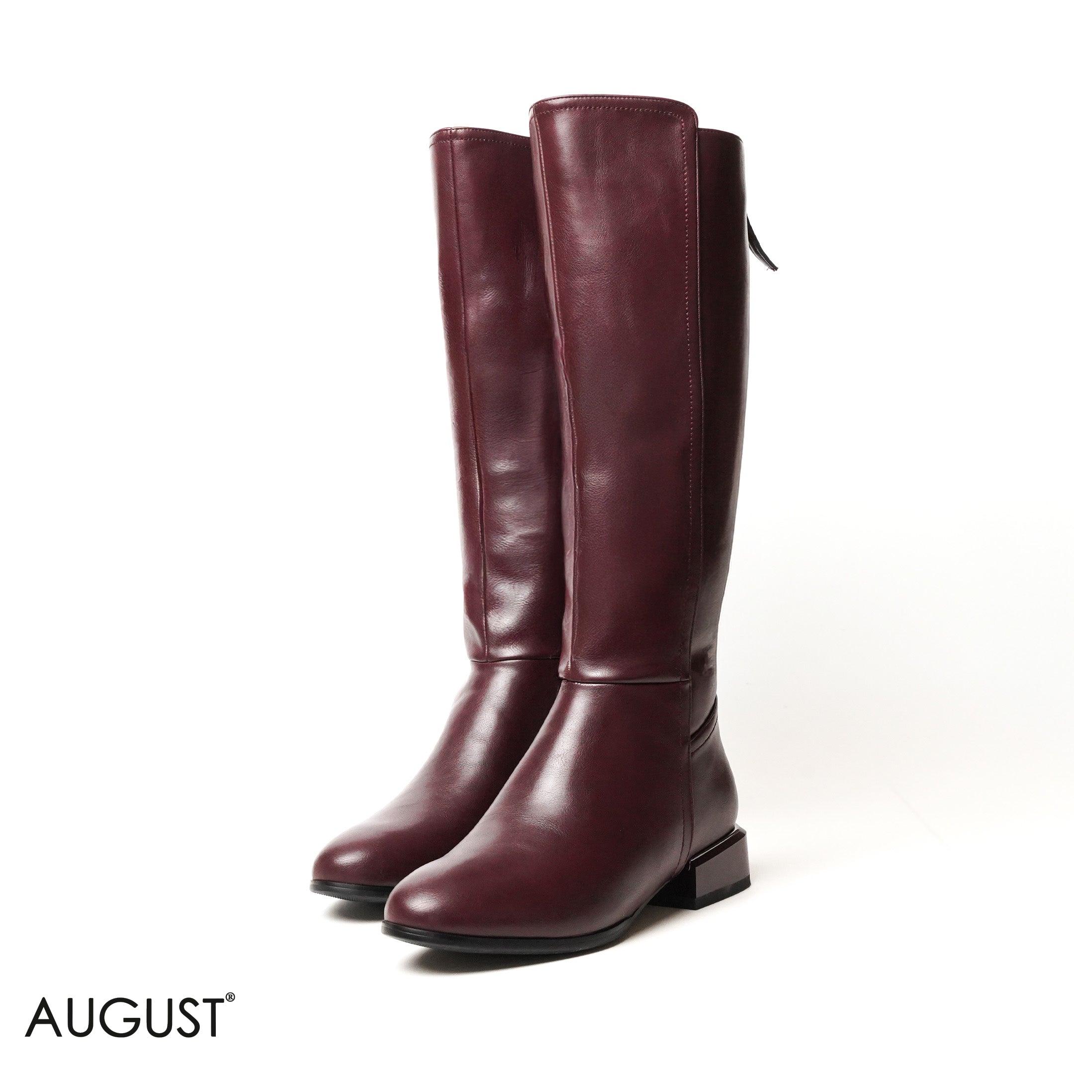 MAROON LEATHER LONG BOOTS WITH BACK ZIPPER