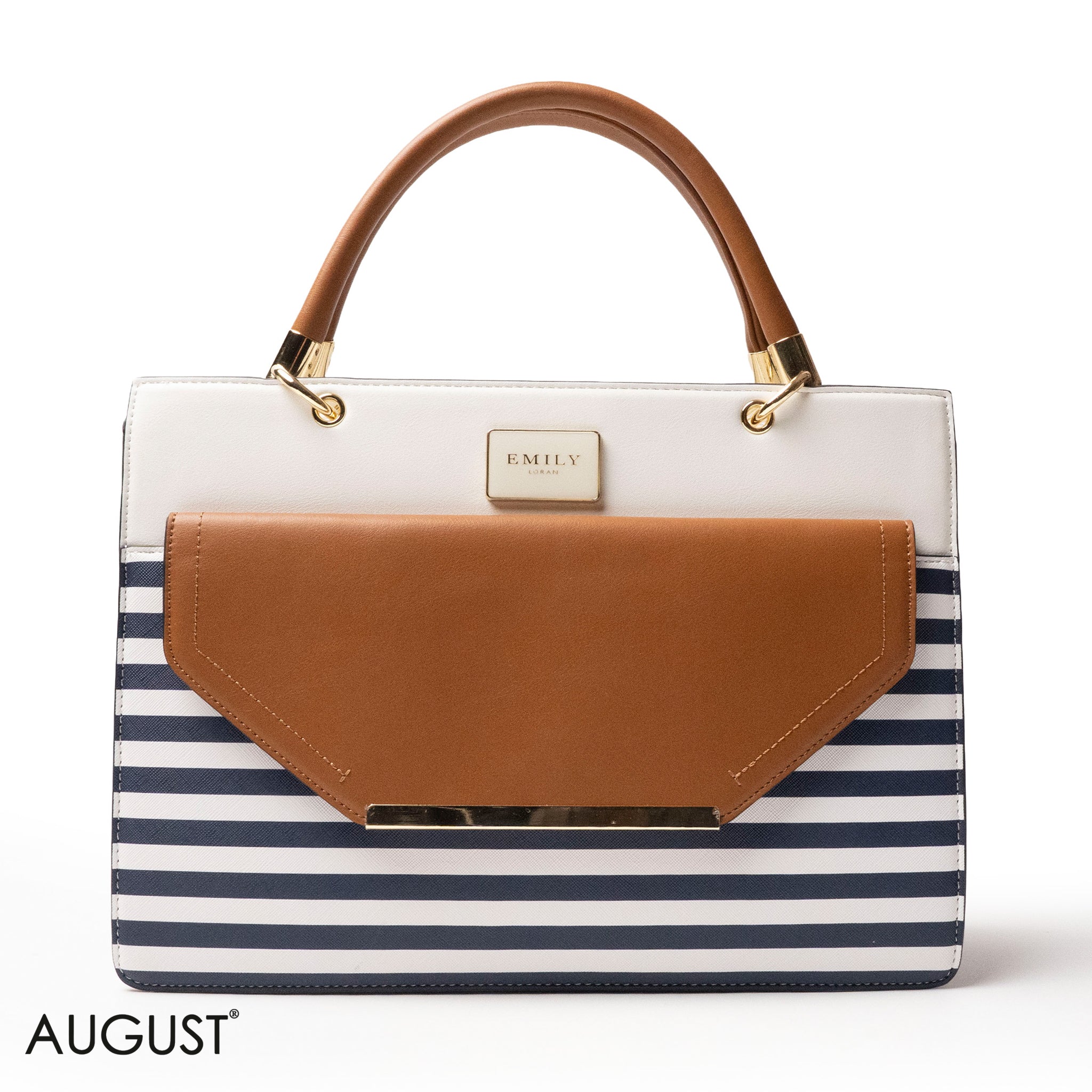 STRIPED NAVY LEATHER HANDBAG WITH FLAP - LARGE