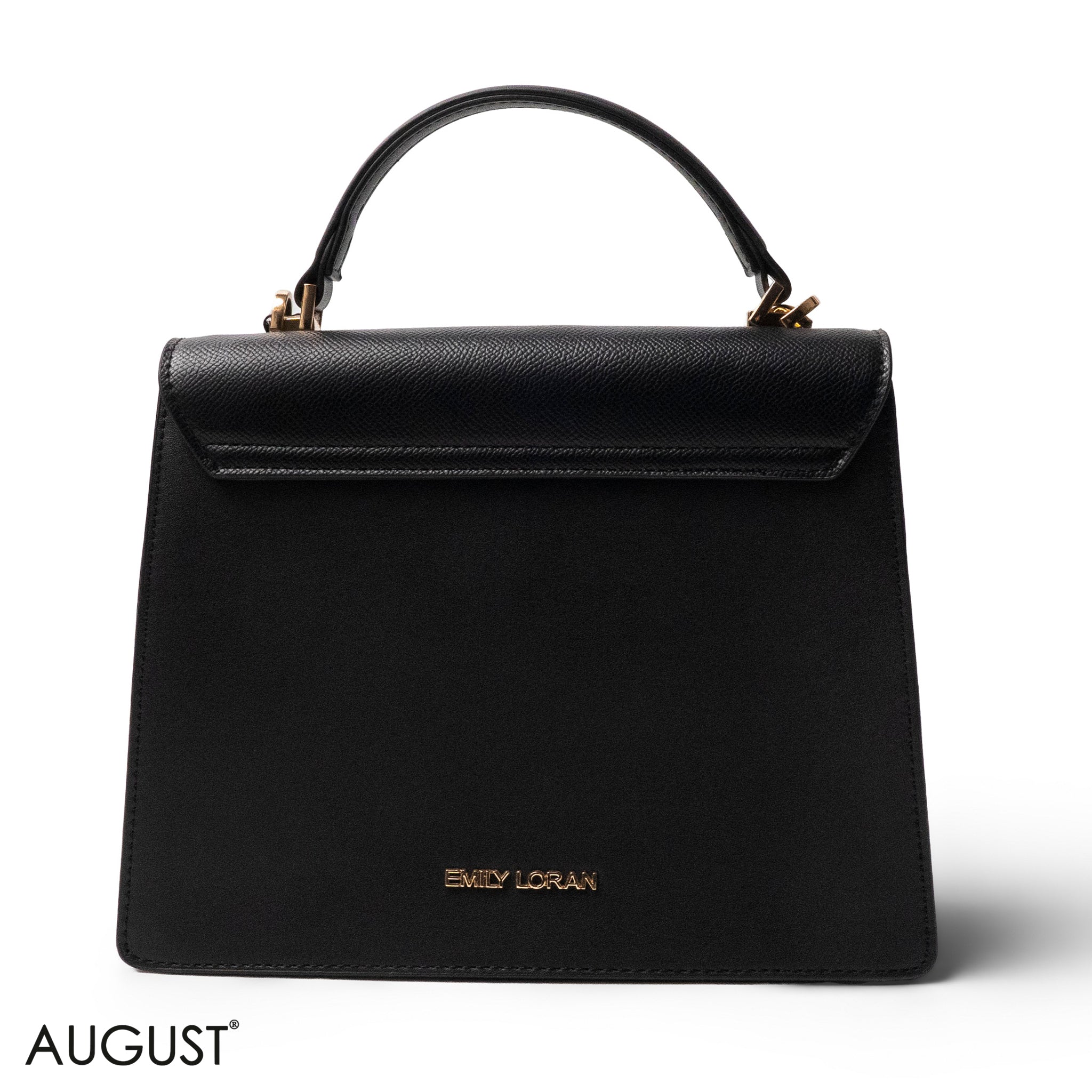BLACK LEATHER HANDBAG WITH METAL CHAIN ACCENTS-MED