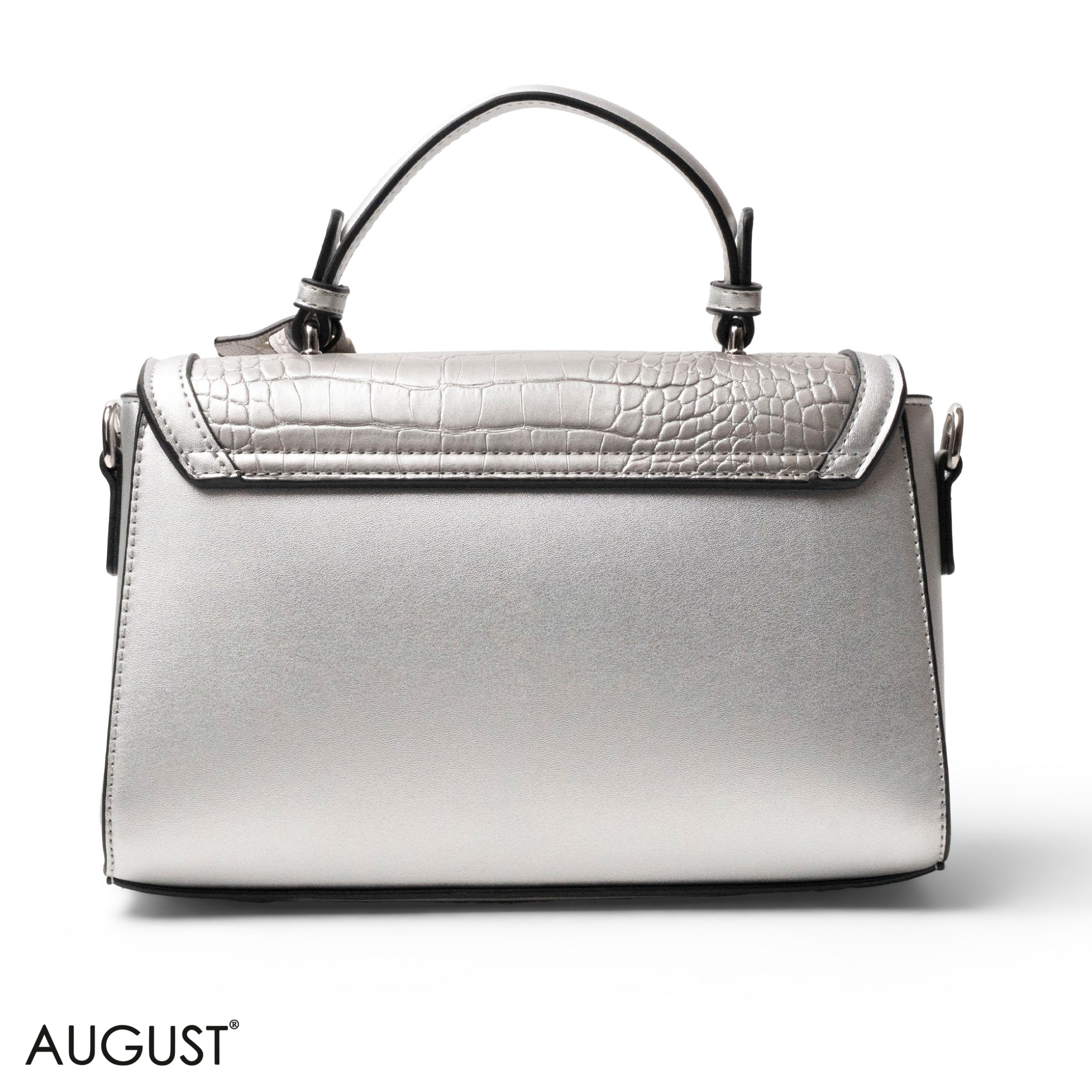 SILVER LEATHER HANDBAG WITH CROC,BUTTERFLIES  DETAILS-MED