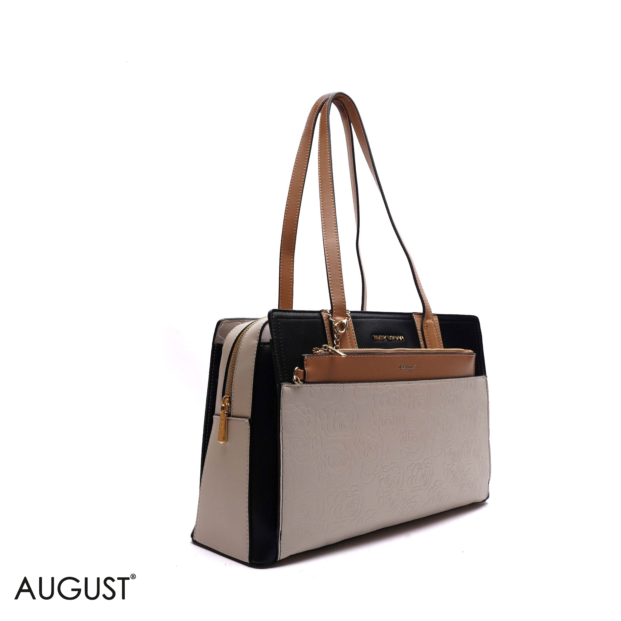 EMBOSSED FLORAL HANDBAG WITH POUCH - LARGE