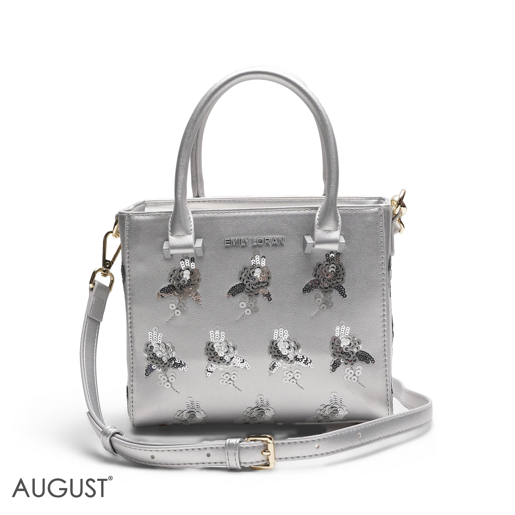 SILVER SEQUIN FLORAL TOTE BAG - SMALL