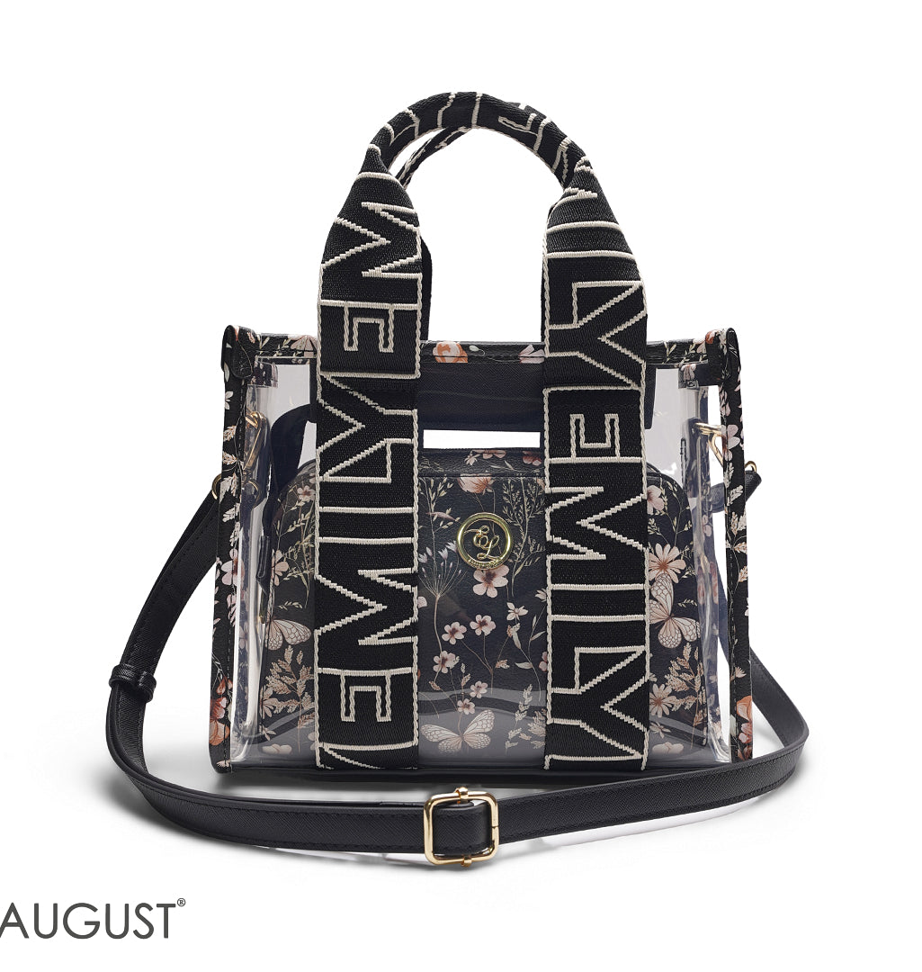 BLACK TRANSPARENT BAG WITH FLORAL INNER POUCH