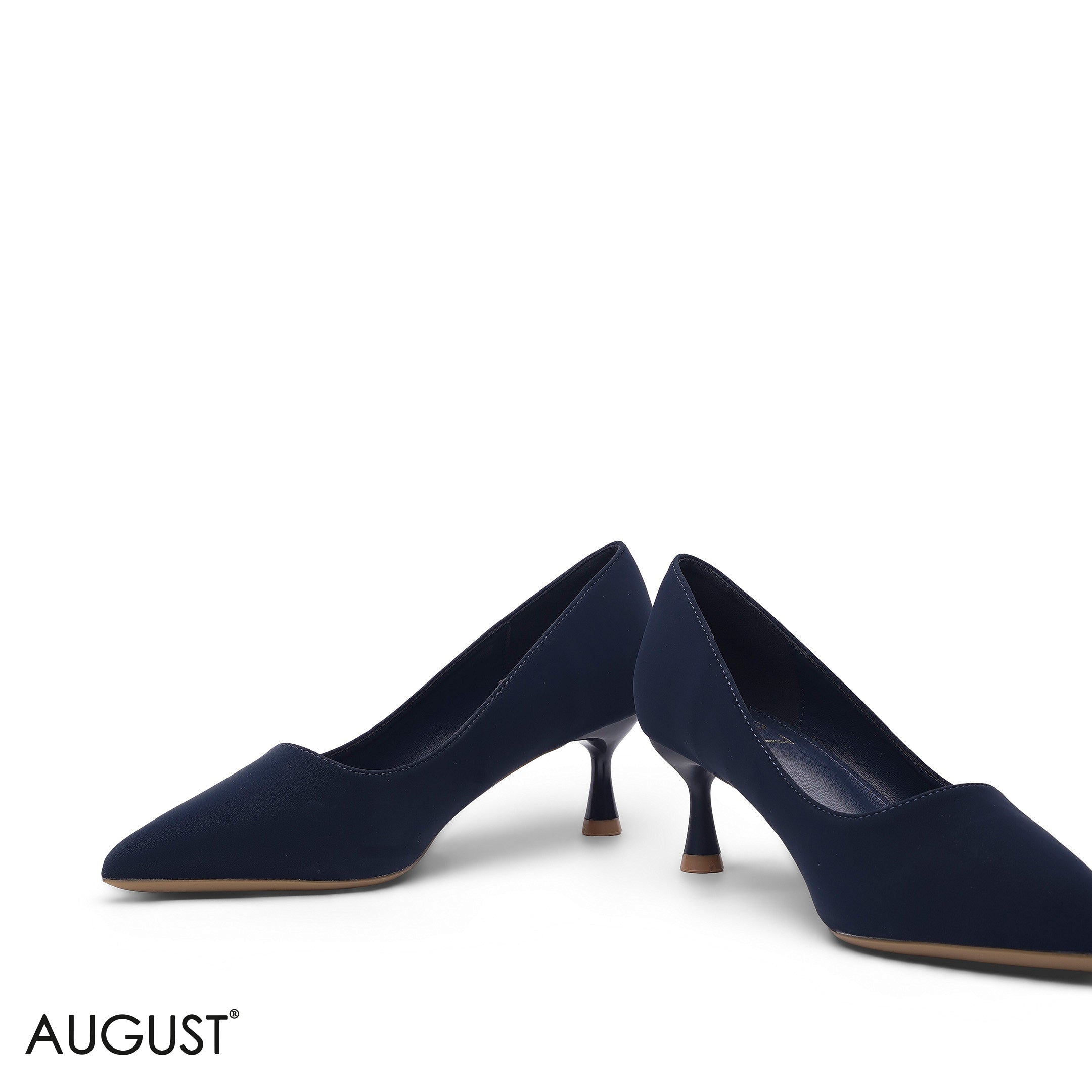 NAVY BLUE LEATHER POINTED-TOE MED-HEEL PUMPS
