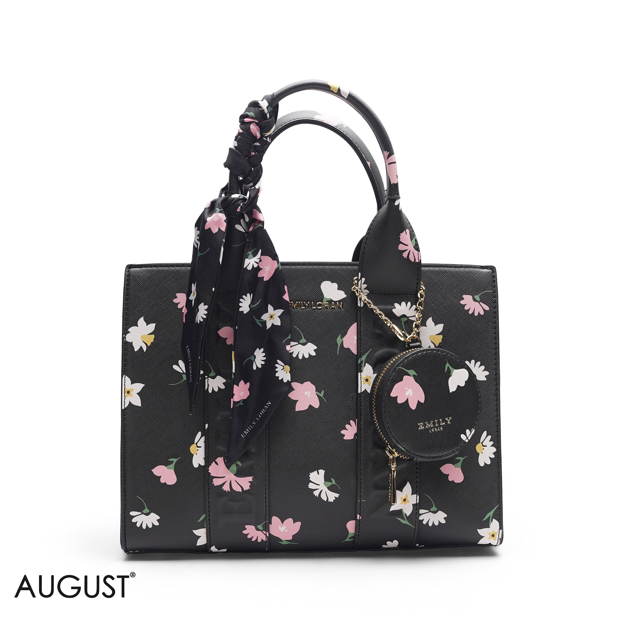 FLORAL PRINT SCARF BLACK TOTE BAG -MED