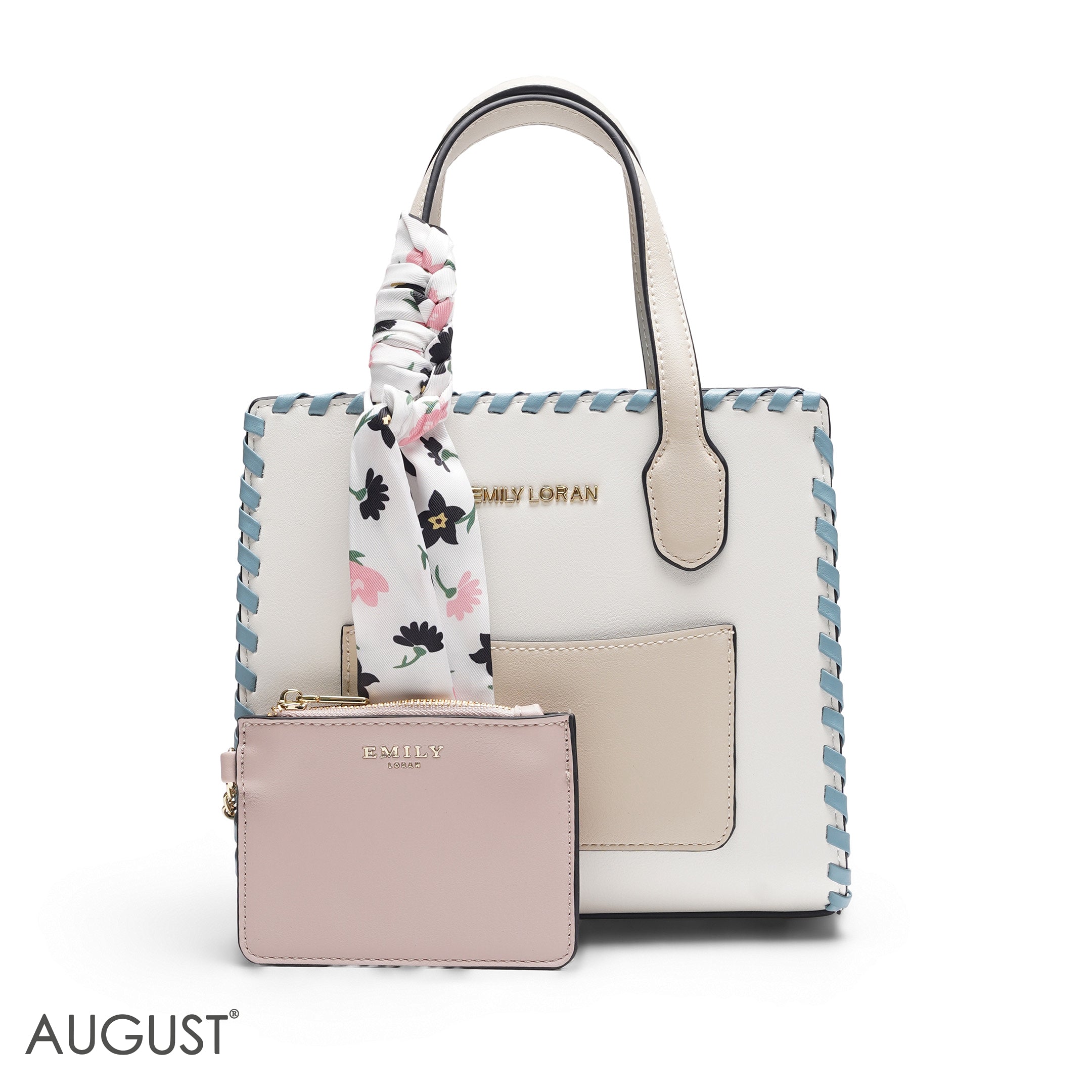 WHITE & BEIGE TOTE WITH PINK POUCH