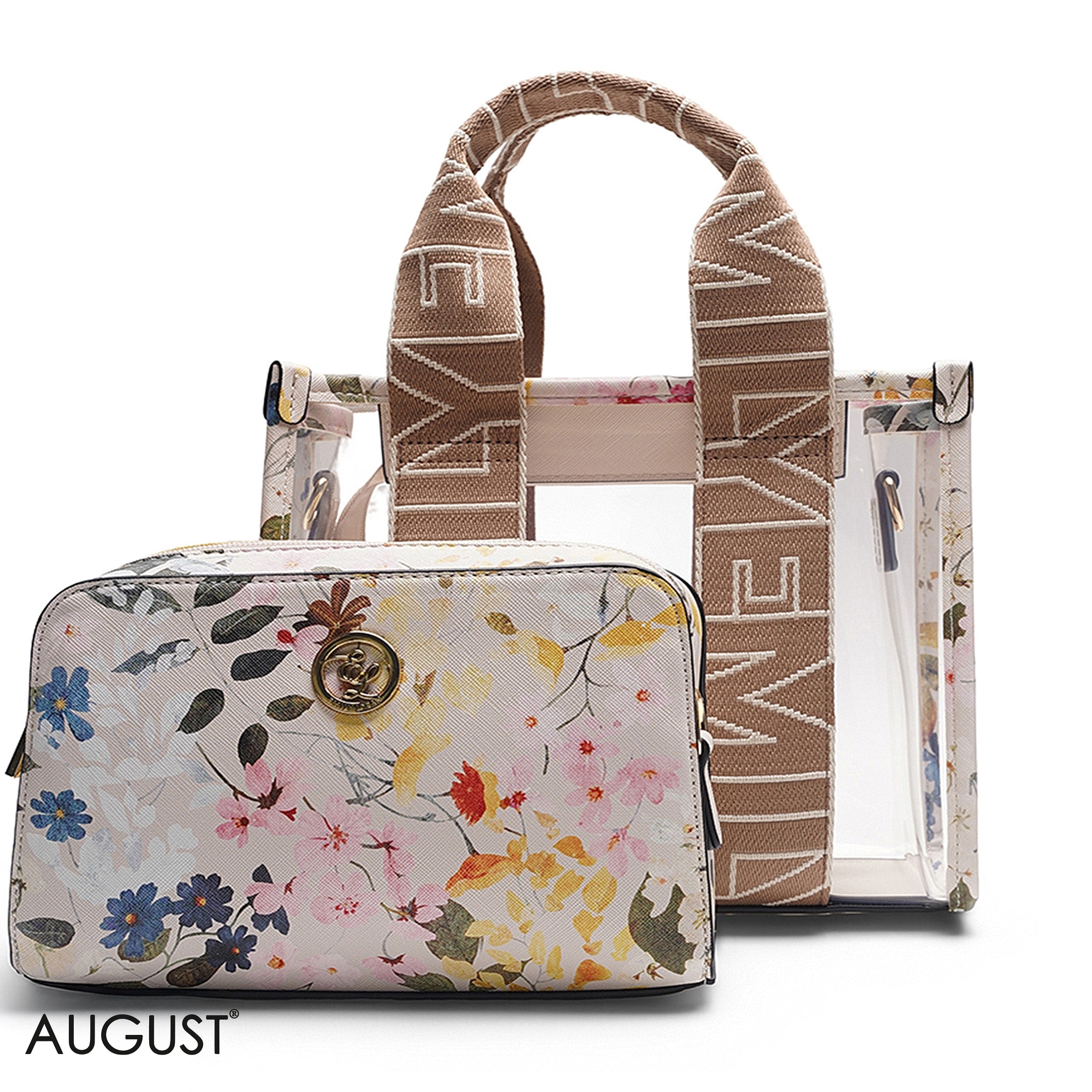 FLORAL BEIGE TRANSPARENT BAG WITH SOLID INNER POUCH- LARGE