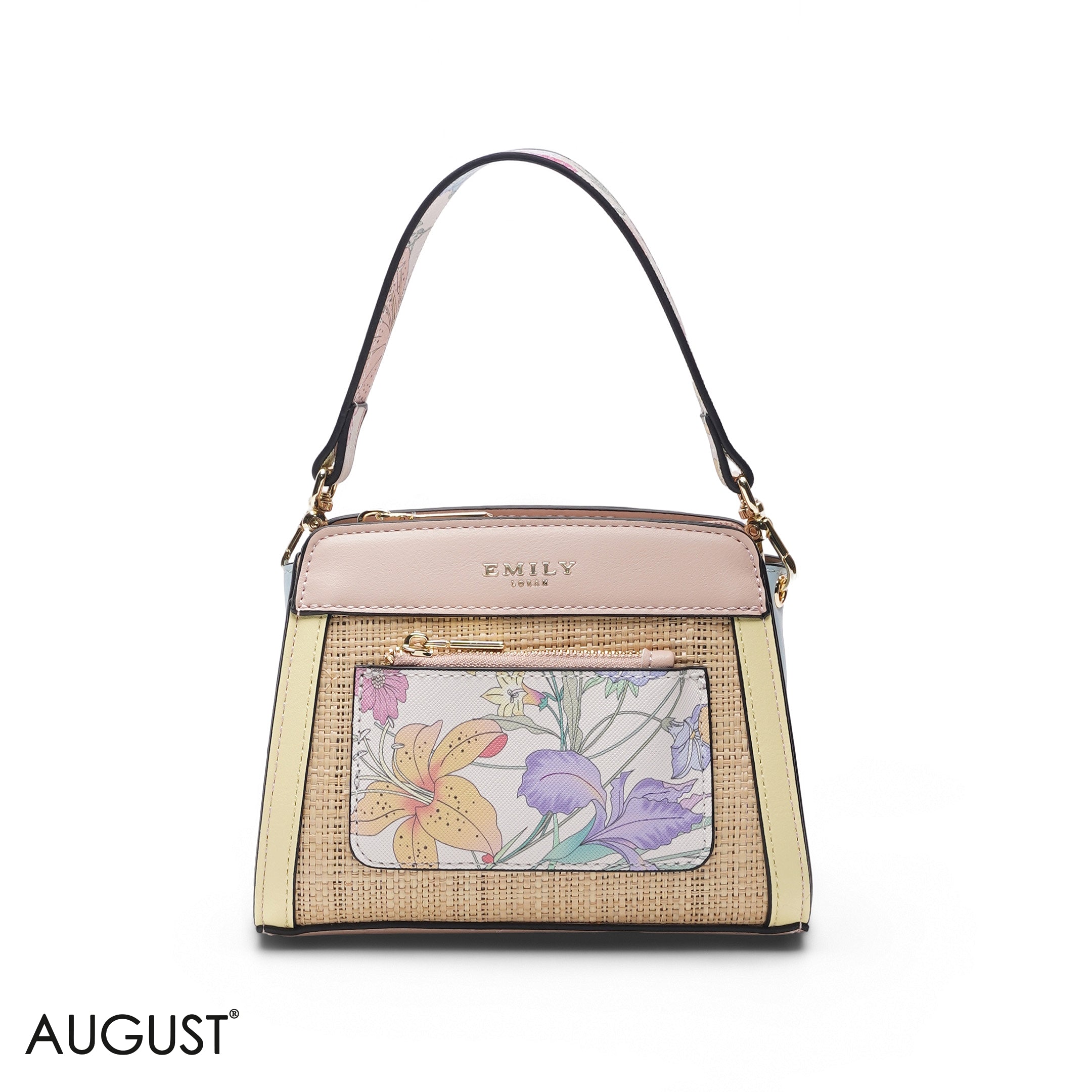 MINI MULTI COLOR STRAW FLORAL BAG WITH FRONT POUCH & GOLD METAL STRAP