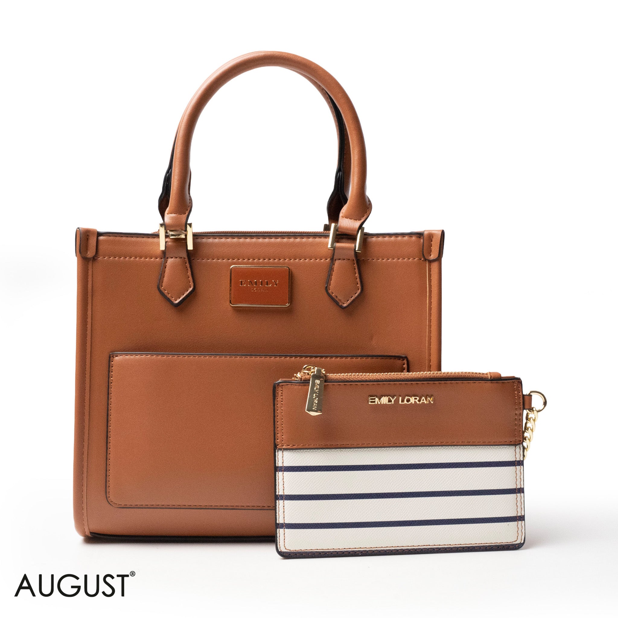 LEATHER HANDBAG WITH MINI WALLET IN STRIPED NAVY PRINT - MED