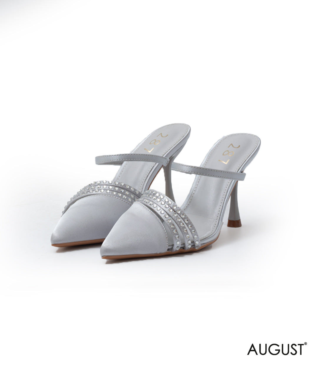 HIGH- HEEL SATIN SLIPPER WITH RHINESTONES