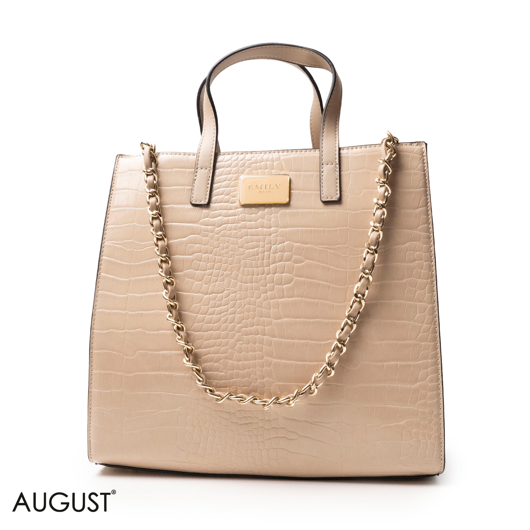 BEIGE CROCODILE LEATHER HANDBAG WITH METAL CHAIN - LARGE