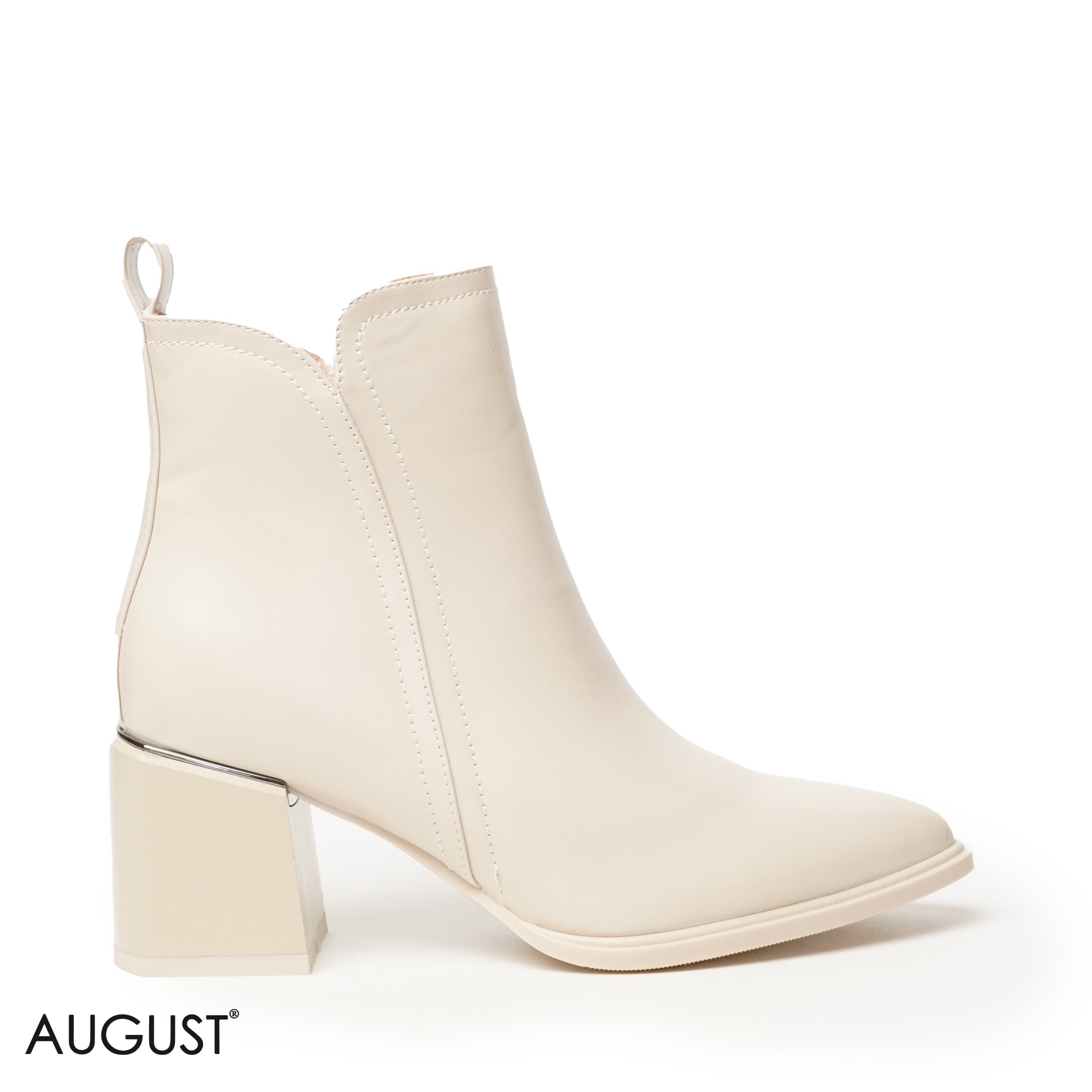 BEIGE LEATHER HEELED BOOTS WITH SIDE ZIPPER