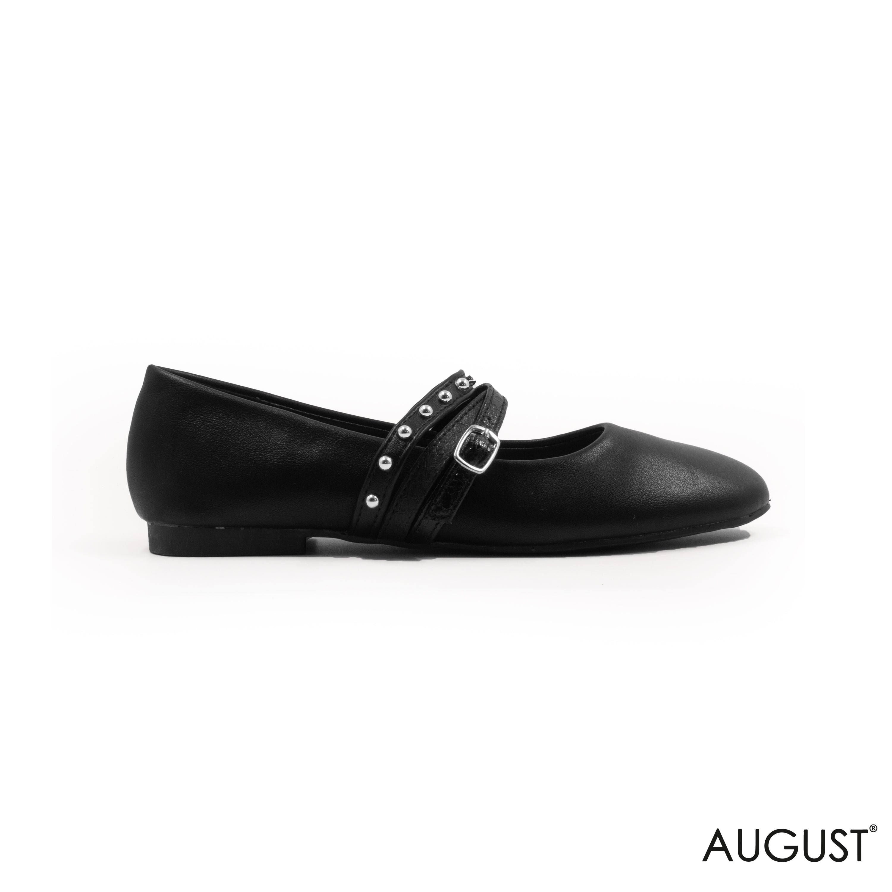 BLACK LEATHER BALLET FLAT WITH STRAPPY AND BUCKLE