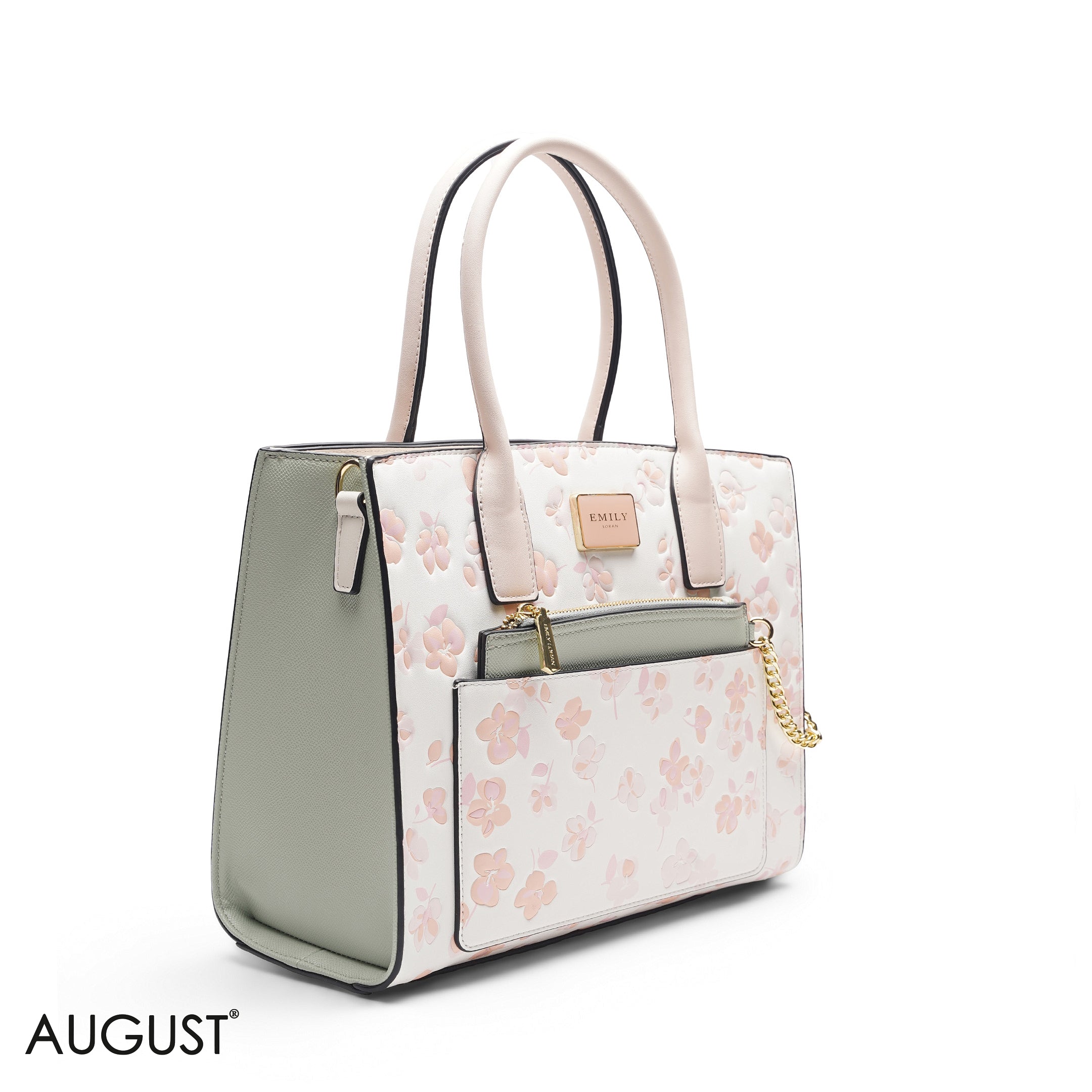 WHITE FLORAL TOTE WITH GREEN POUCH