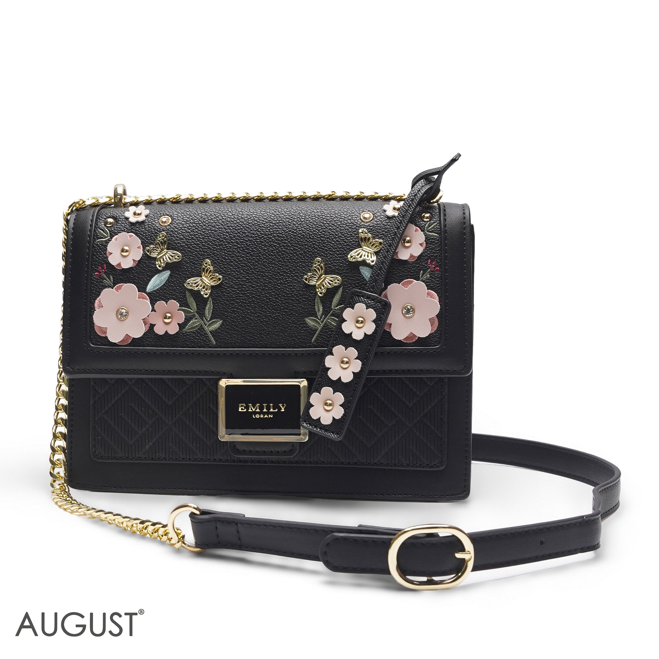 EMILY 3D FLORAL APPLIQUÉ CROSSBODY BAG - SOLID BLACK