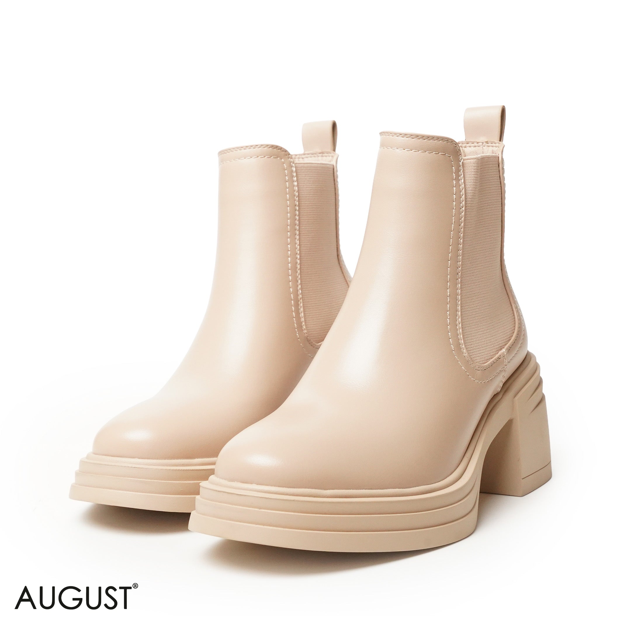 BEIGE SMOOTH LEATHER HEELED ANKLE BOOTS