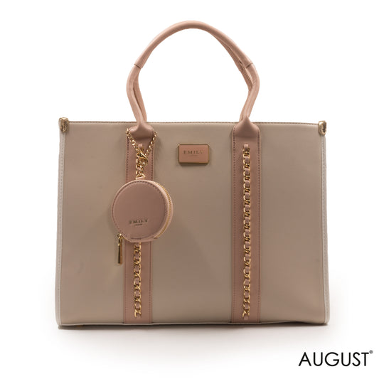 BEIGE LEATHER EMILY LORAN HANDBAG WITH CHAIN DETAIL -LARGE