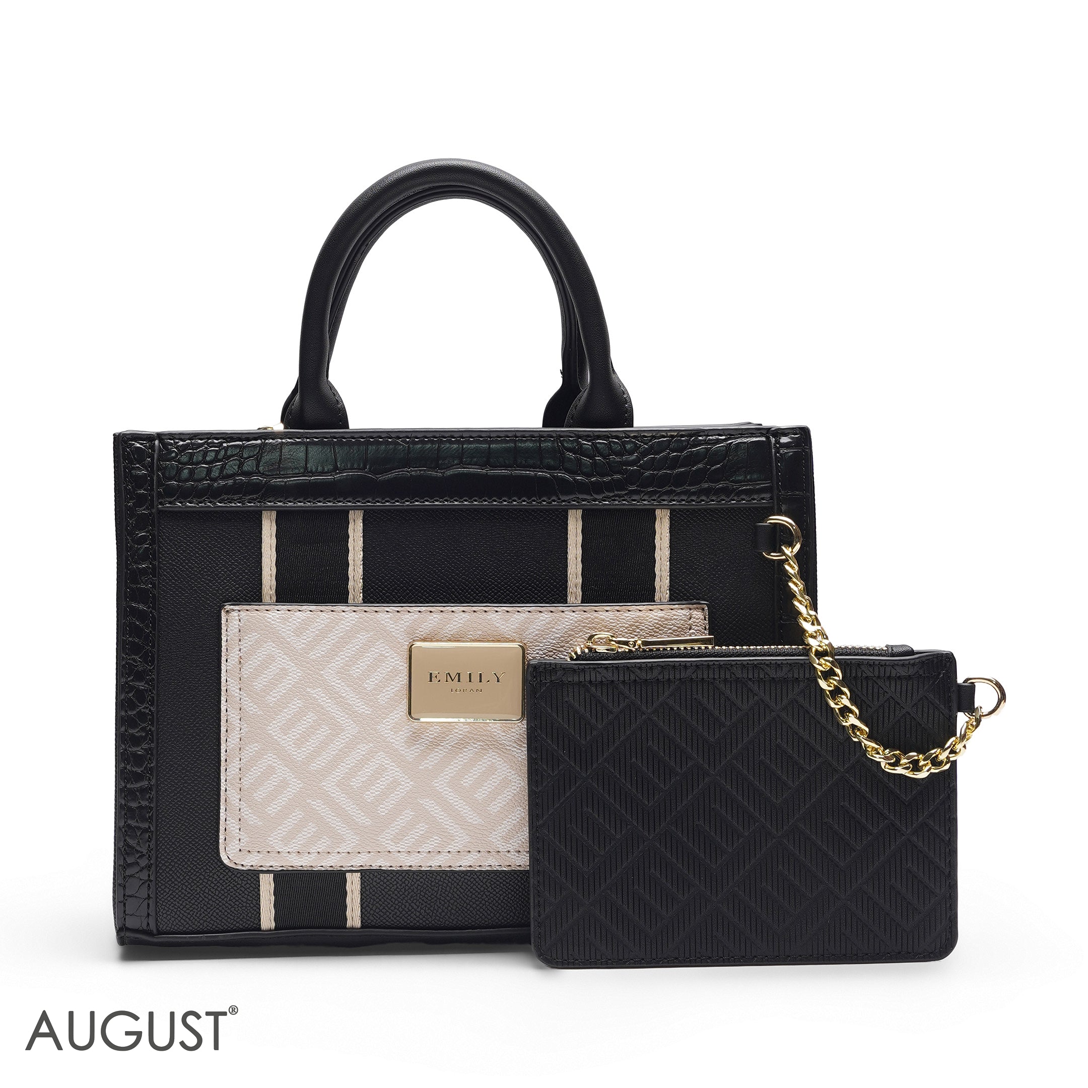 EMILY EMBOSSED LOGO TOTE BAG - BLACK & CREAM - MED