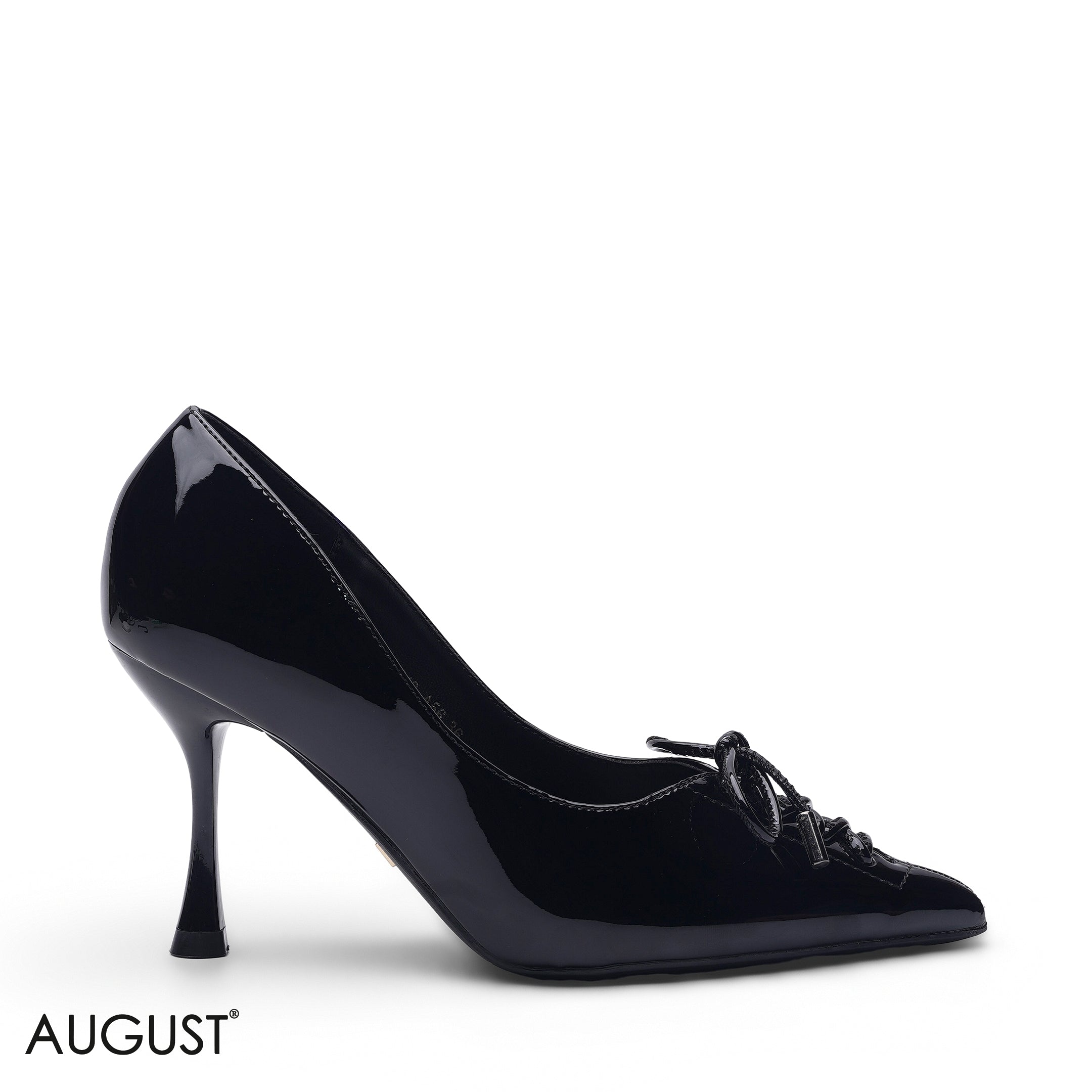 BLACK GLOSSY PATENT LEATHER LACE-UP POINTED PUMPS