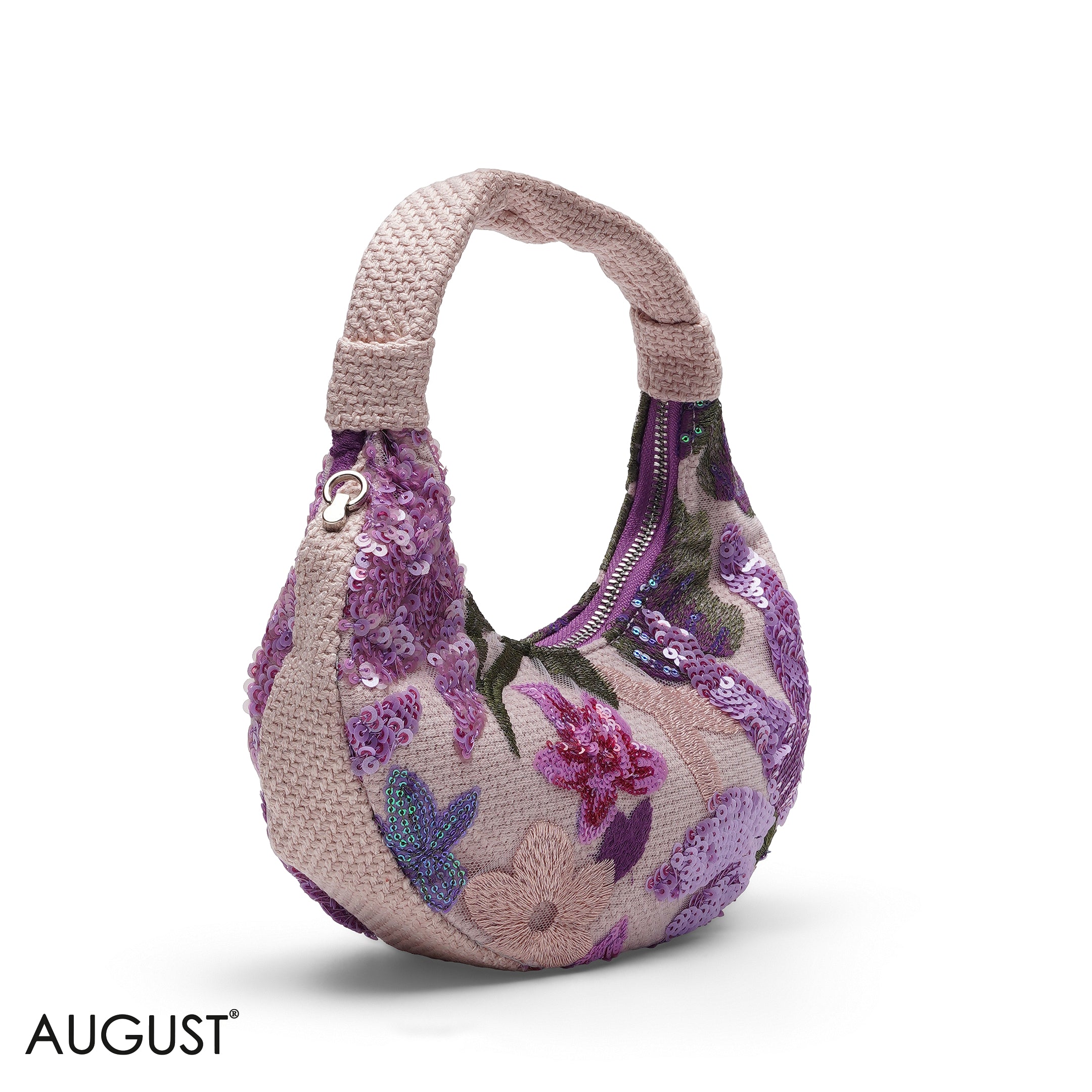PINK FLORAL SEQUIN HOBO CROSSBODY BAG