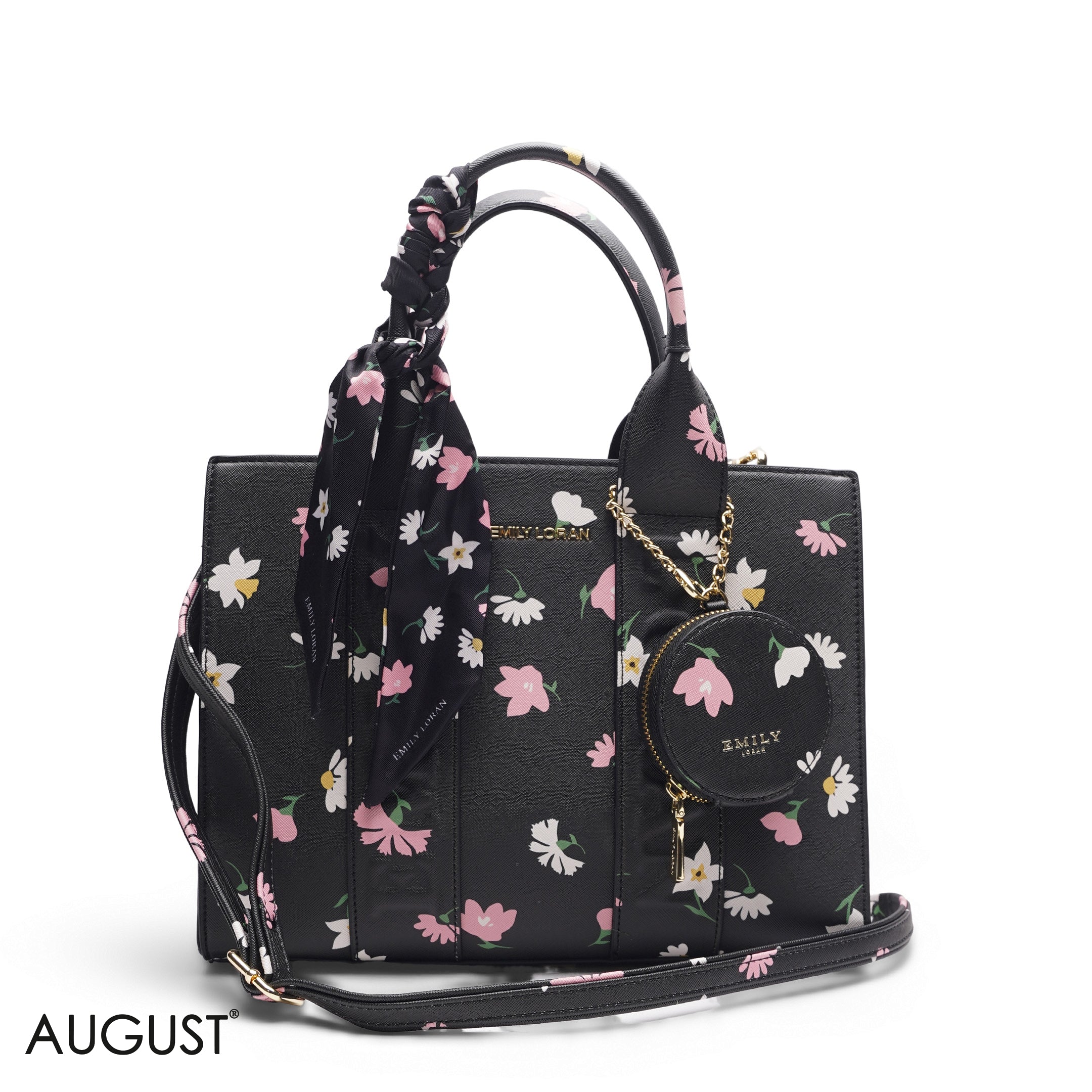 FLORAL PRINT SCARF BLACK TOTE BAG -MED