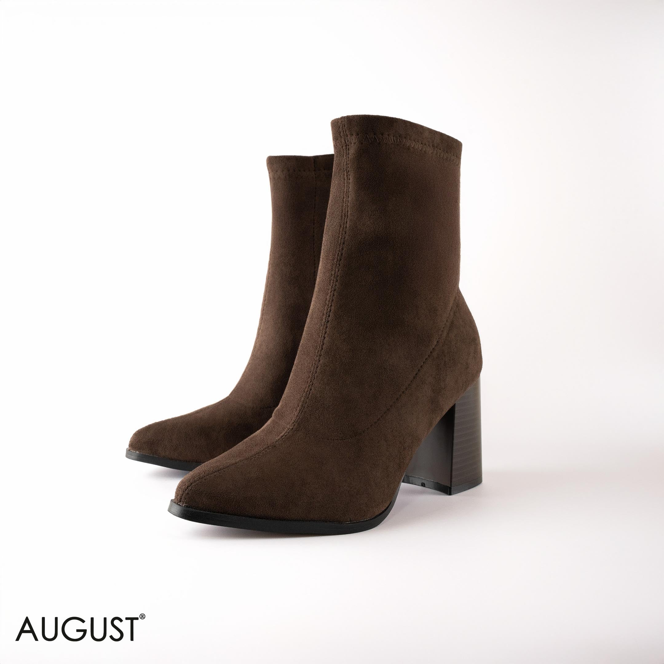 BROWN SUEDE HEELED STRETCHY SOCK BOOTS