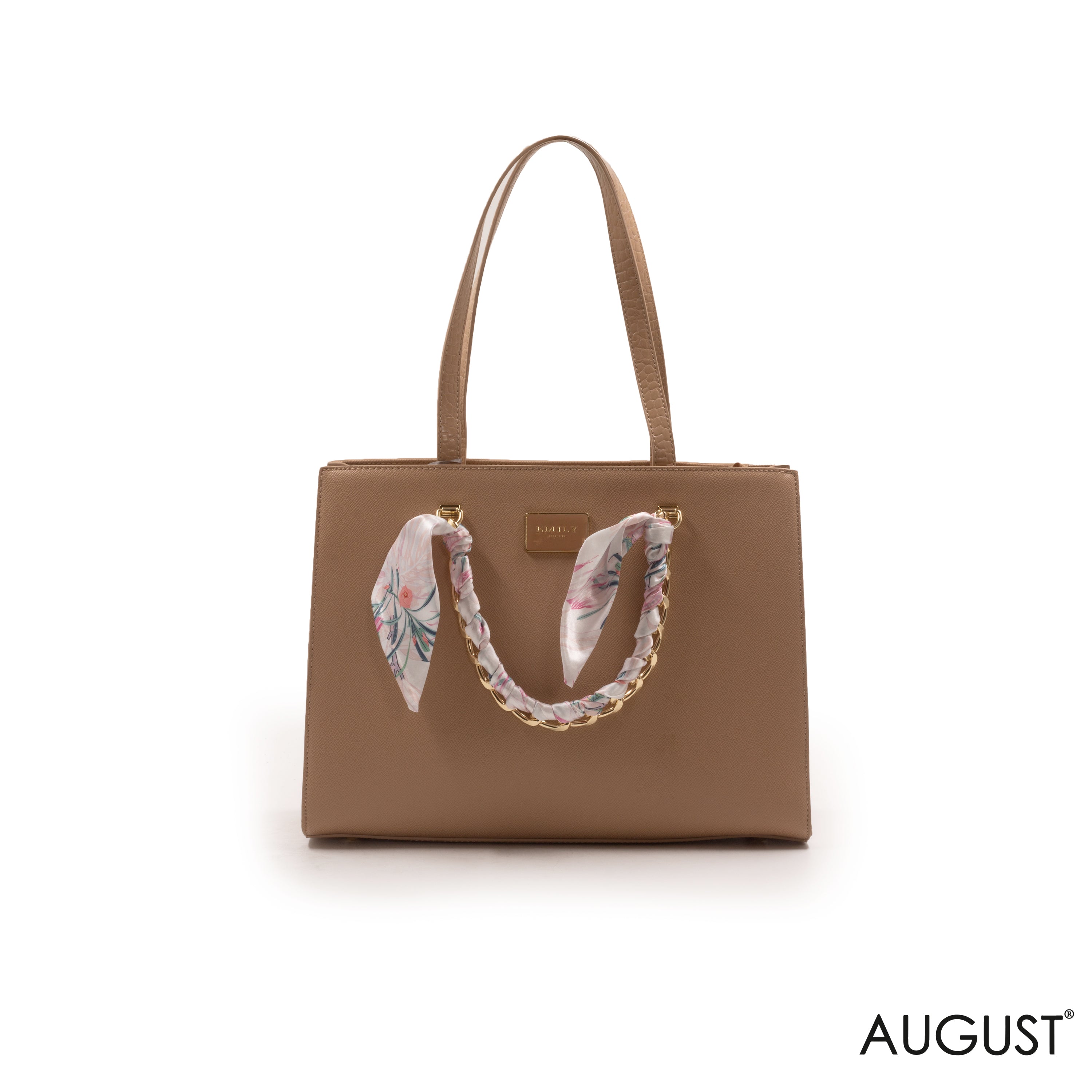 BEIGE LEATHER HANDBAG WITH GOLD CHAIN AND SCARF -LARGE