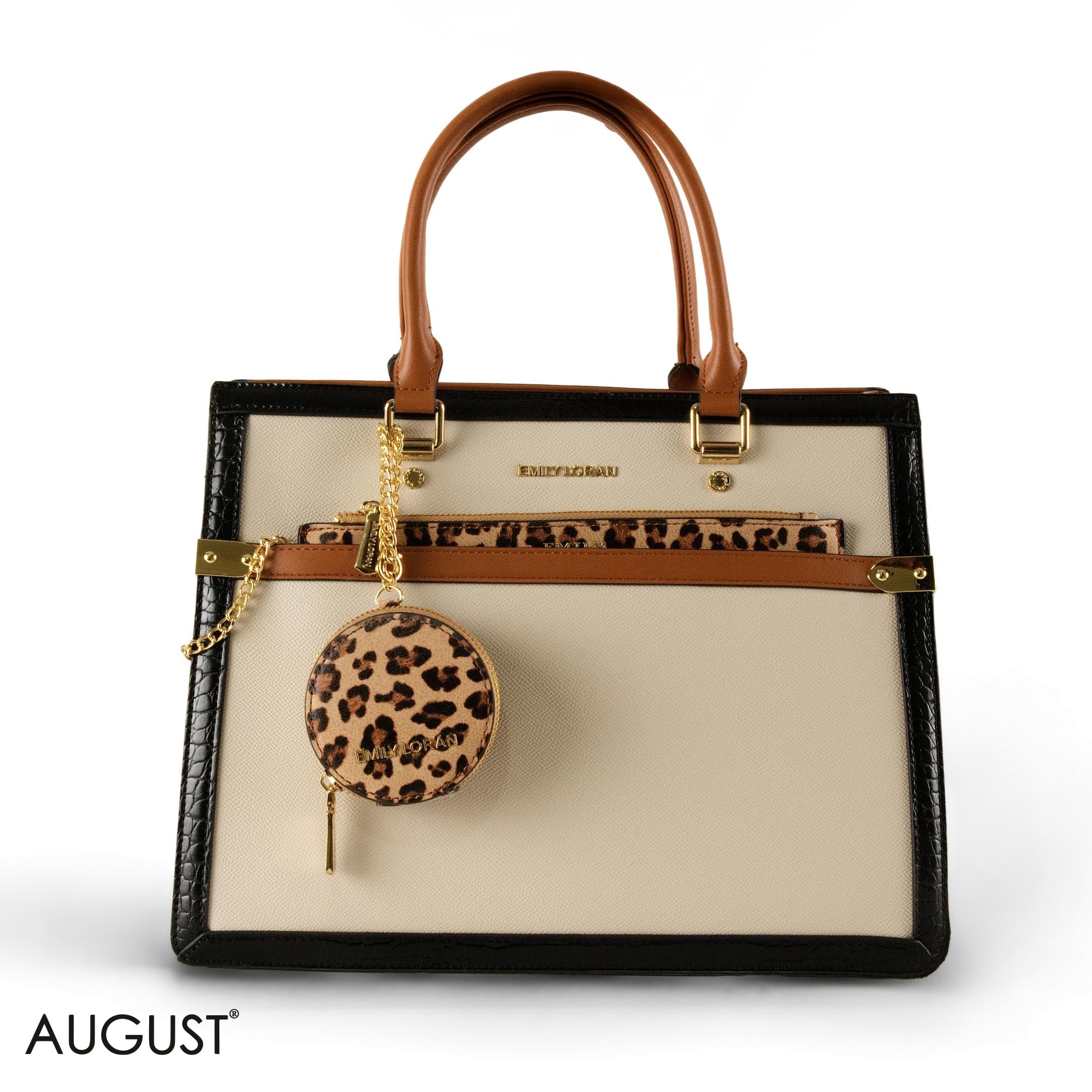 CREAMY LEATHER EMILY LORAN HANDBAG WITH TIGER DETAILS - LARGE
