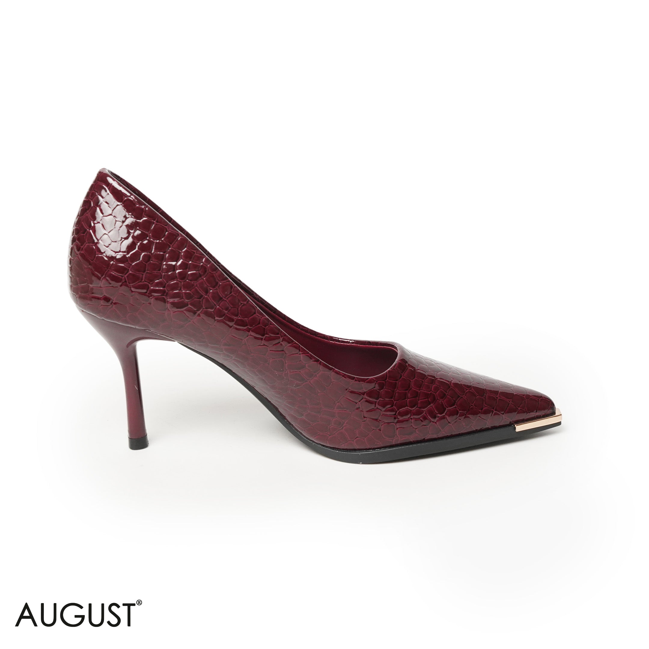 BURGUNDY GLOSSY LEATHER HEELS WITH CROC ACCENTS