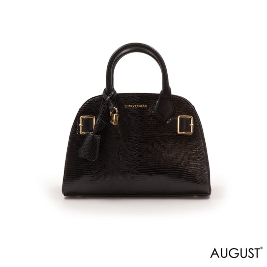 BLACK SNAKE LEATHER HANDBAG WITH GOLD LOCK DETAIL-MED