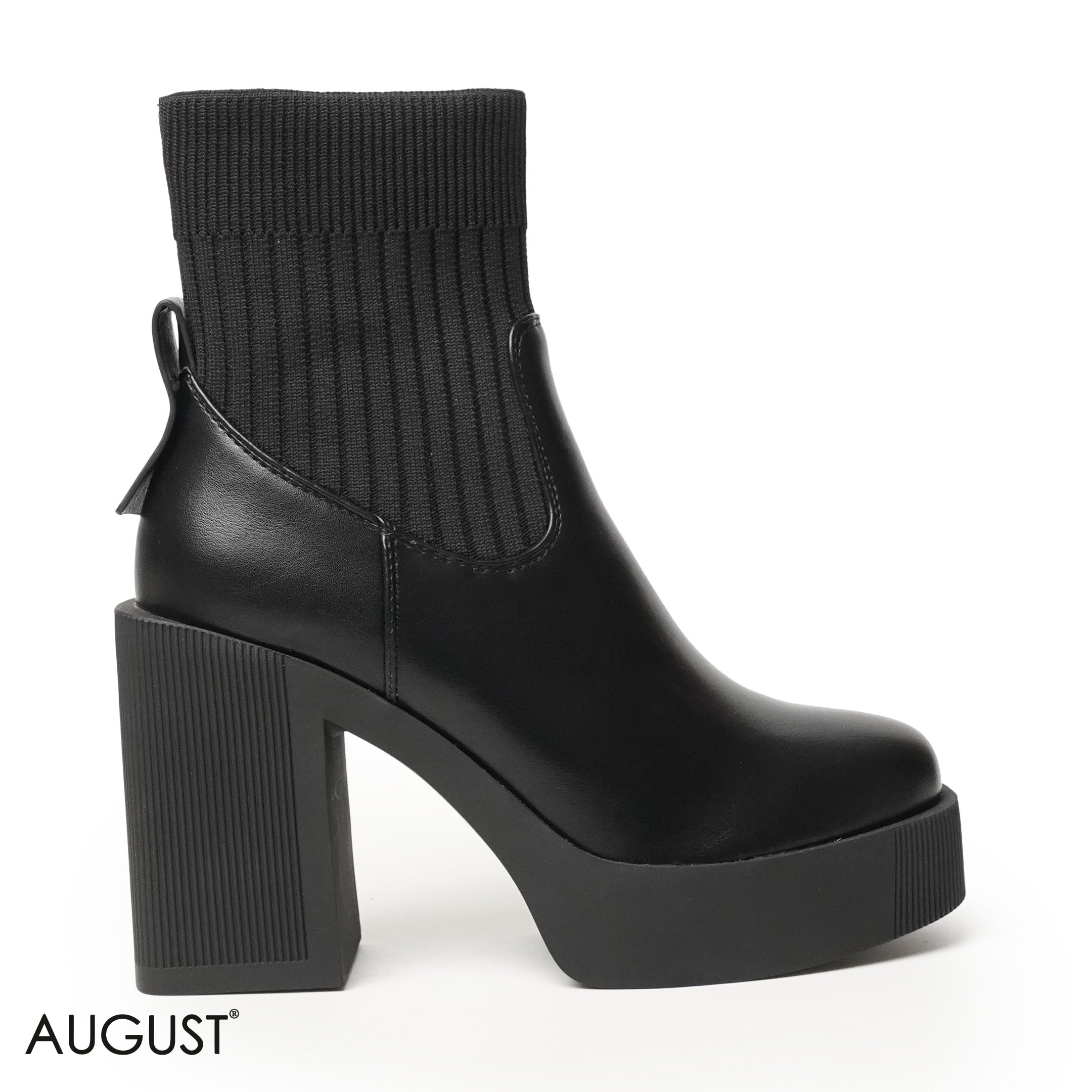 BLACK STRETCHY SOCK HEELED ANKLE BOOTS