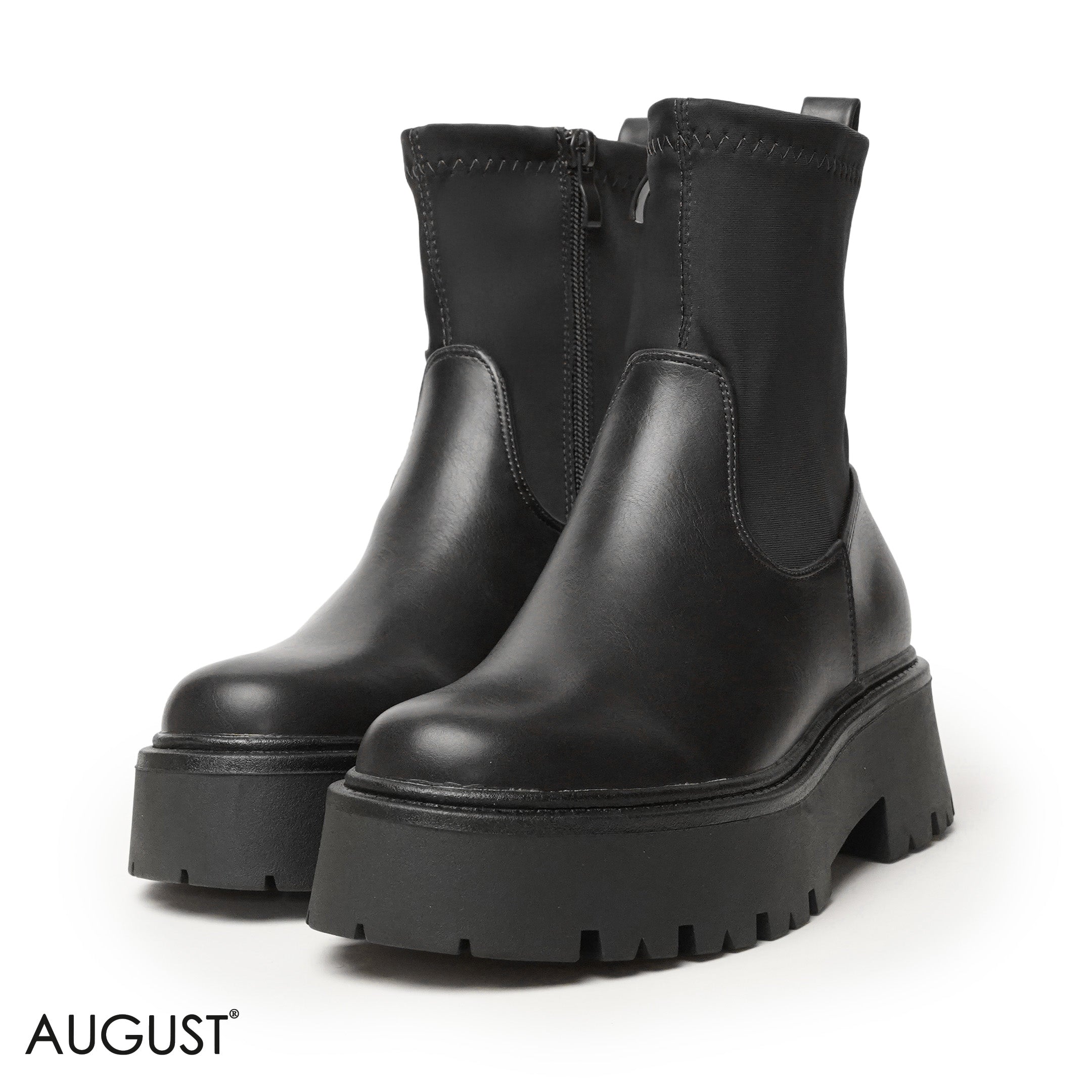 BLACK LEATHER ANKLE BOOTS WITH THICK SOLE,BACK ZIPPER