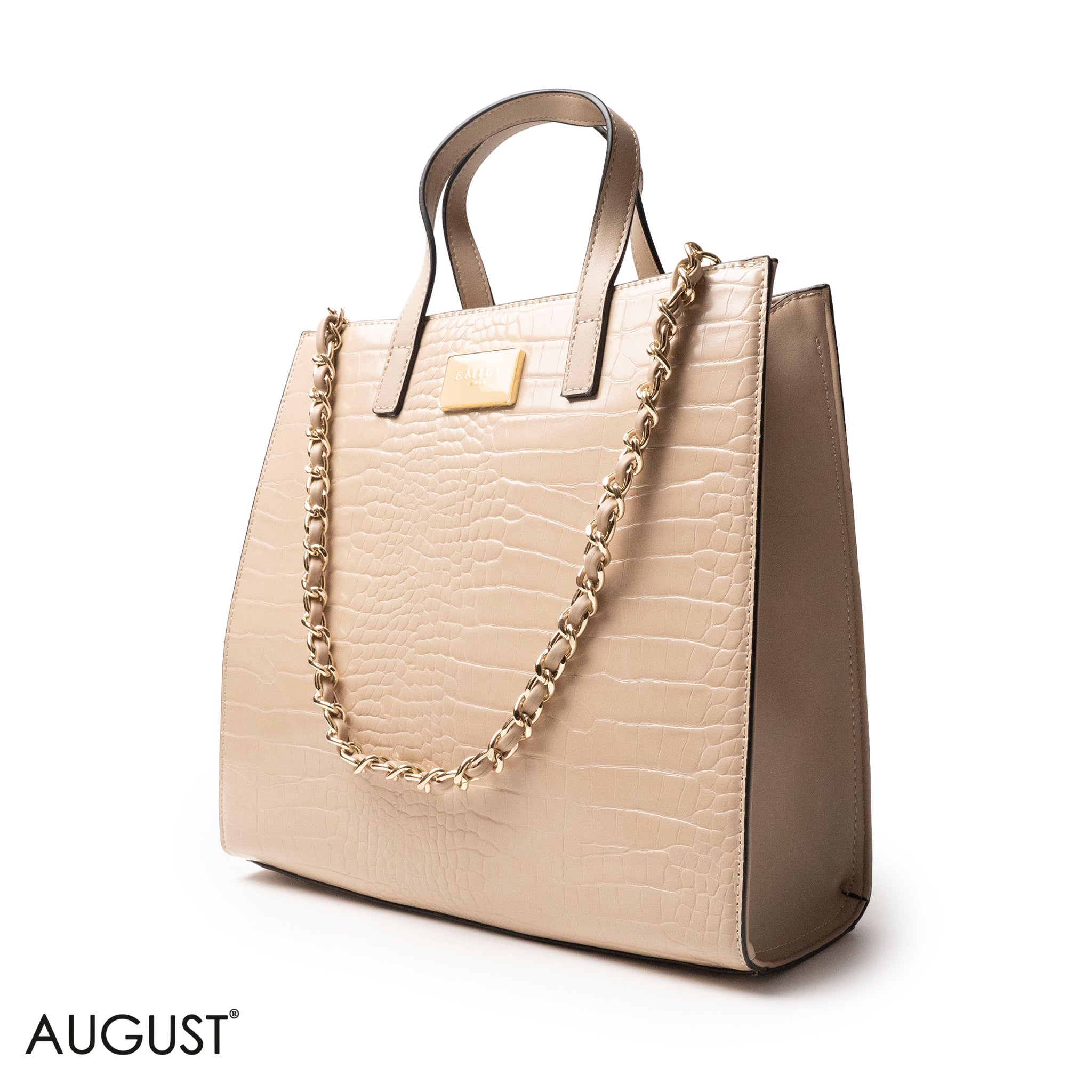 BEIGE CROCODILE LEATHER HANDBAG WITH METAL CHAIN - LARGE