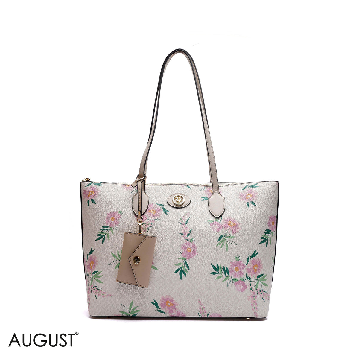 FLORAL PRINT MONOGRAM TOTE BAG WITH MINI POUCH