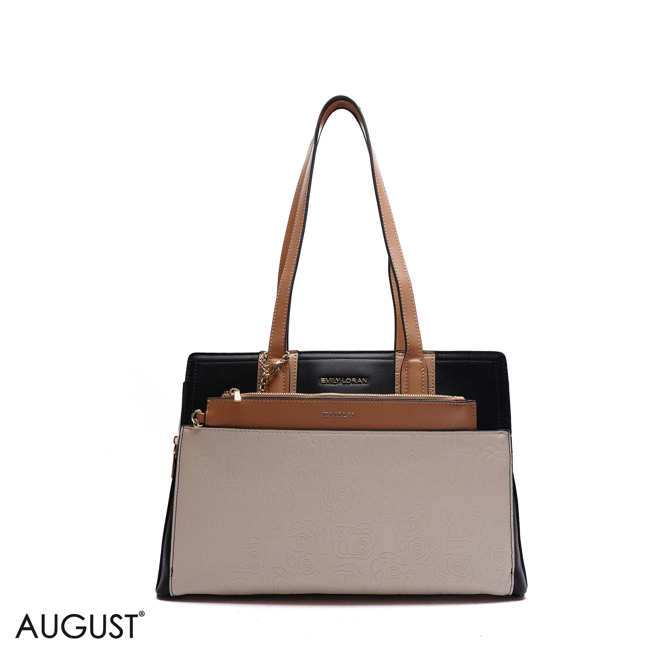 EMBOSSED FLORAL HANDBAG WITH POUCH - LARGE
