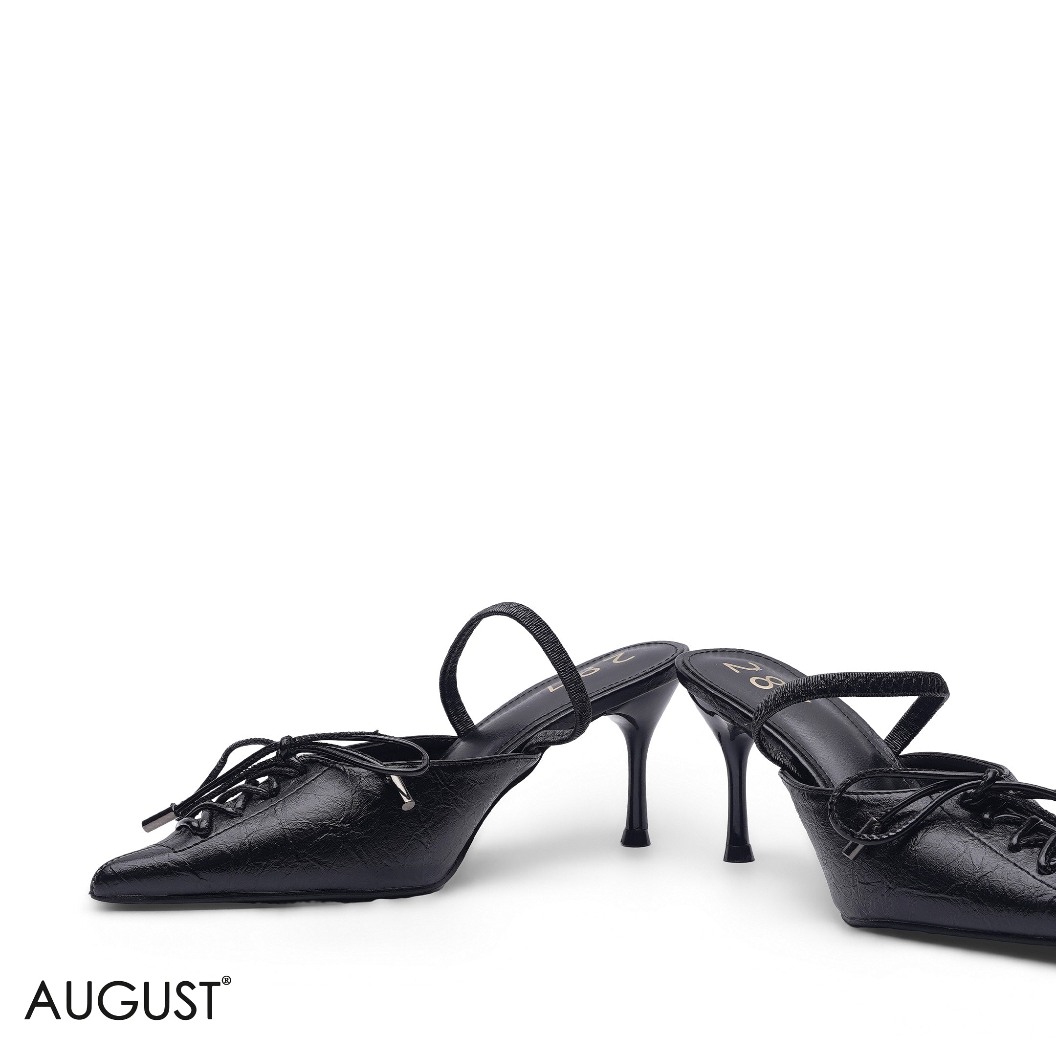 BLACK LEATHER LACE-UP POINTED SLINGBACK HEELS