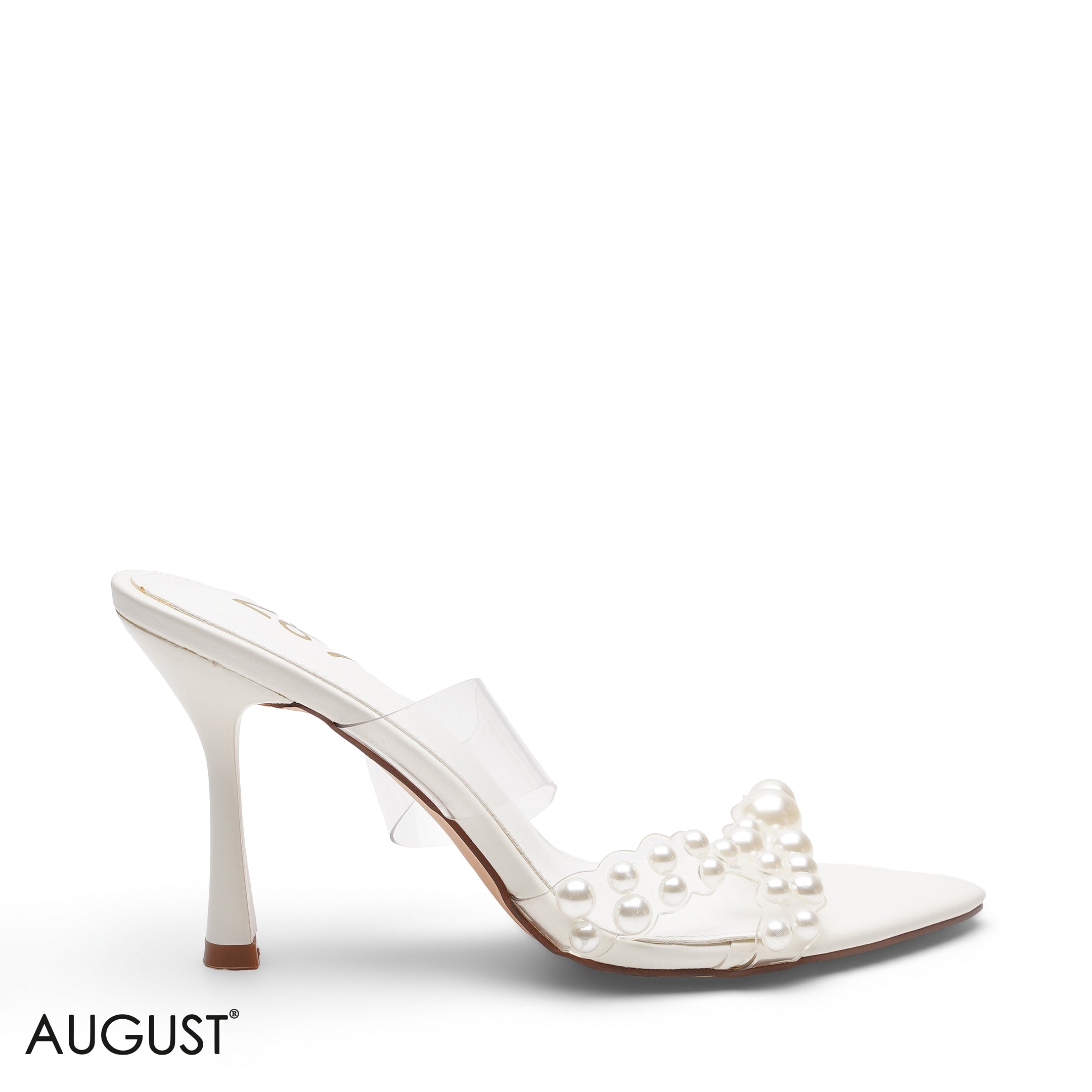 WHITE PEARL EMBELLISHED CLEAR STRAP MULES