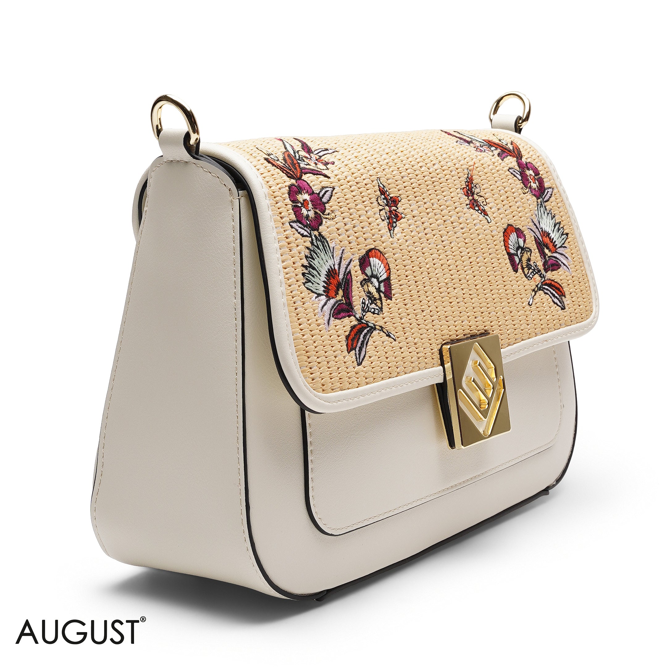 EMBROIDERED STRAW FLAP CROSSBODY BAG
