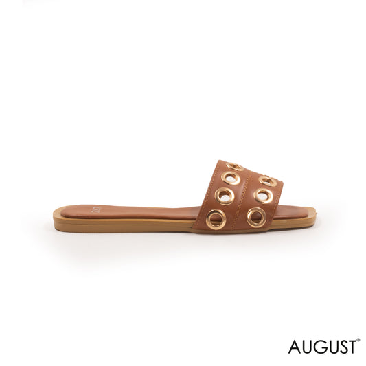 BROWN LEATHER FLAT SLIPPERS WITH GOLD GROMMETS