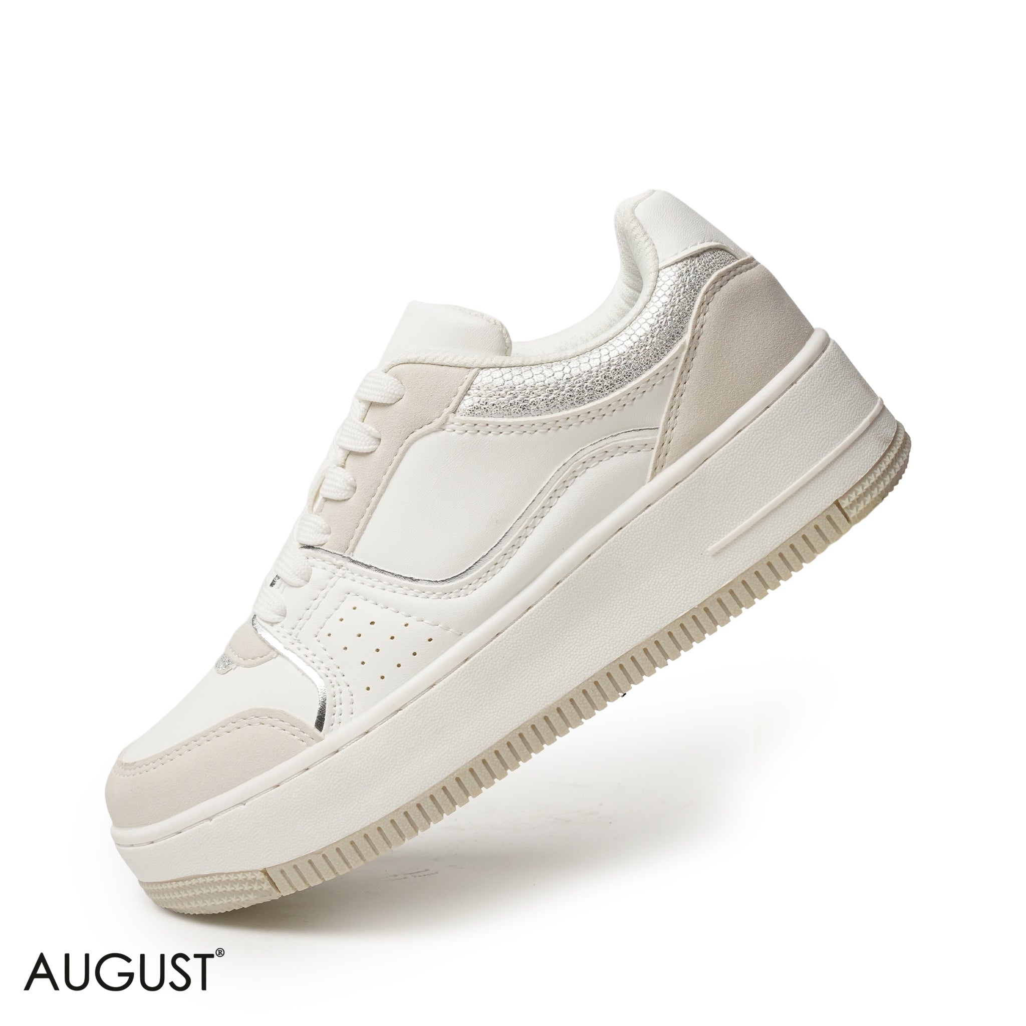 WHITE BEIGE LEATHER SNEAKERS WITH THICK SOLE