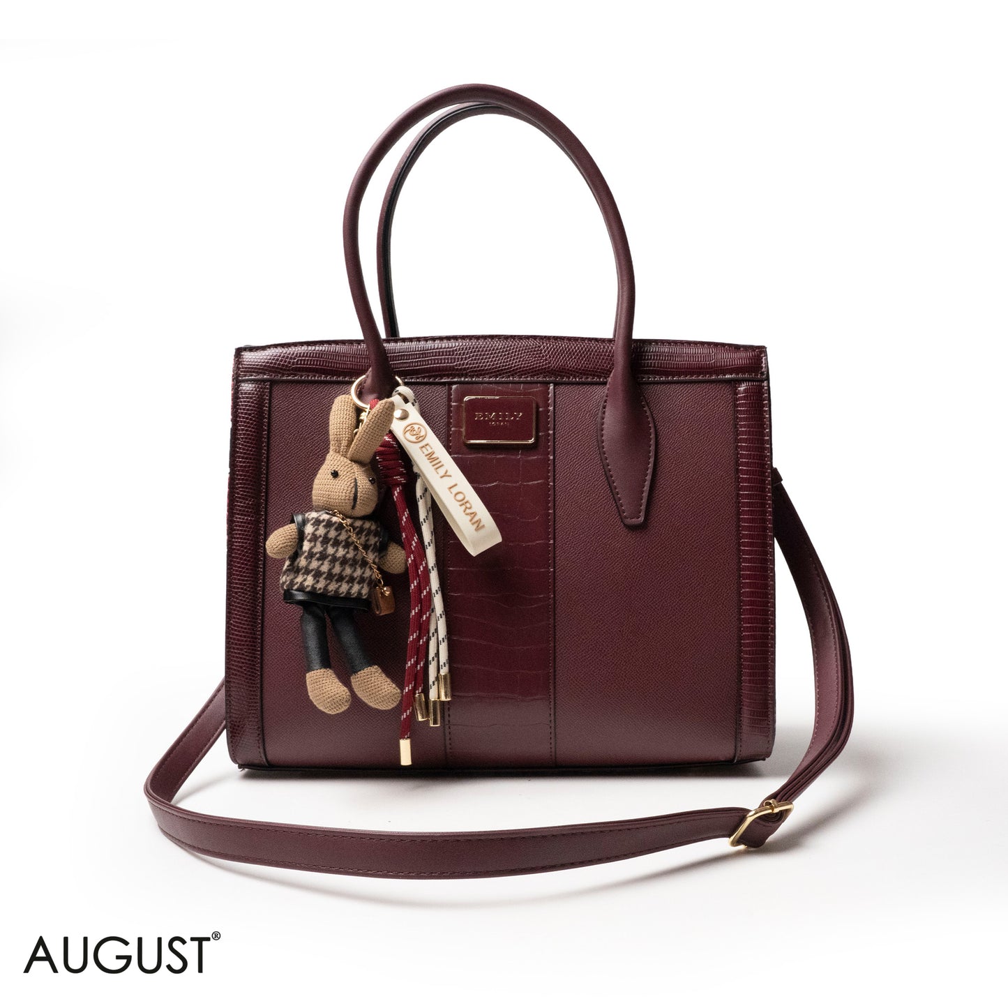 MAROON SMOOTH LEATHER HANDBAG WITH ACCESSORIES - LARGE