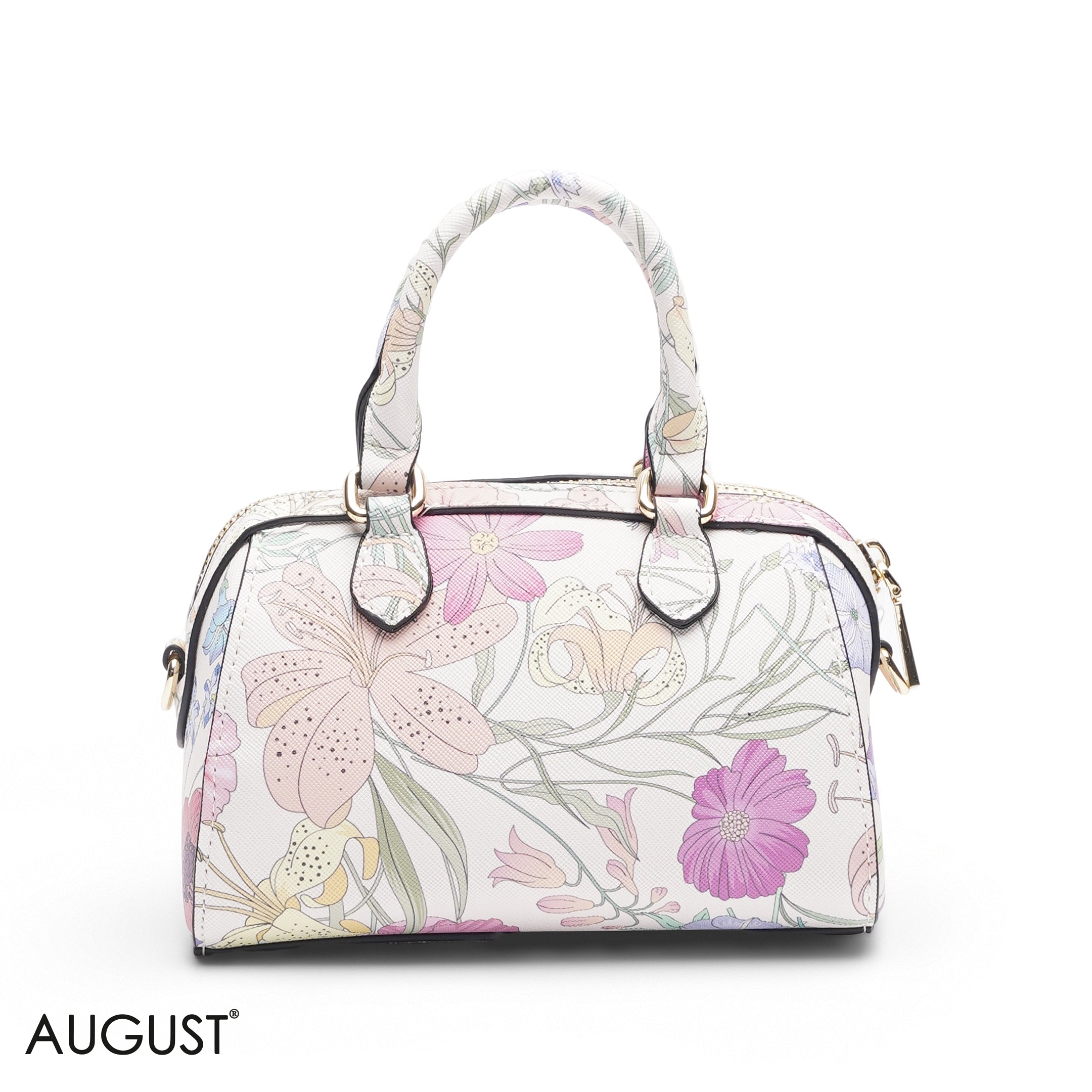 MINI WHITE FLORAL BAG WITH FRONT POUCH & GOLD METAL STRAP