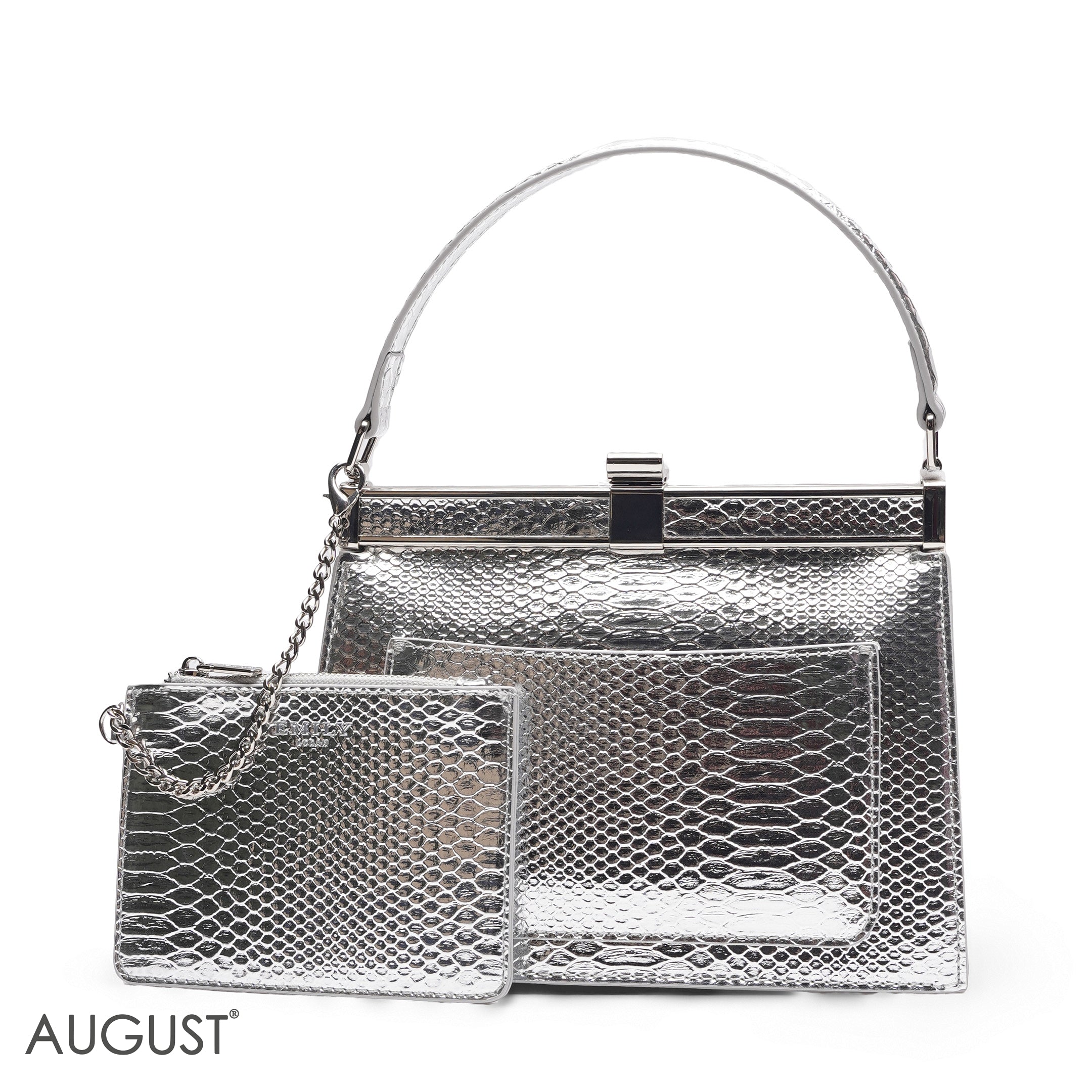 EMILY METALLIC SILVER SNAKESKIN FRAME BAG WITH MINI POUCH - MED