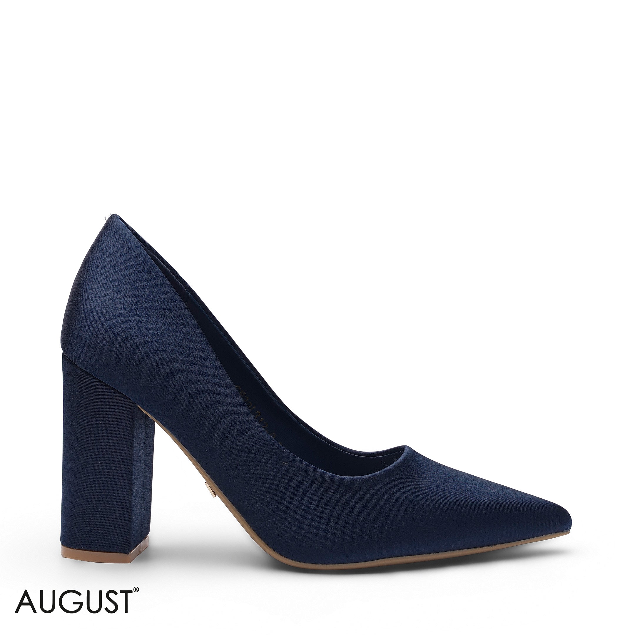 NAVY BLUE SATIN POINTED-TOE BLOCK HIGH HEEL