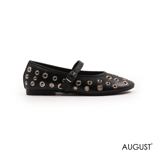 BLACK LEATHER FLAT BALLET  WITH METAL EYELETS AND BUCKLE
